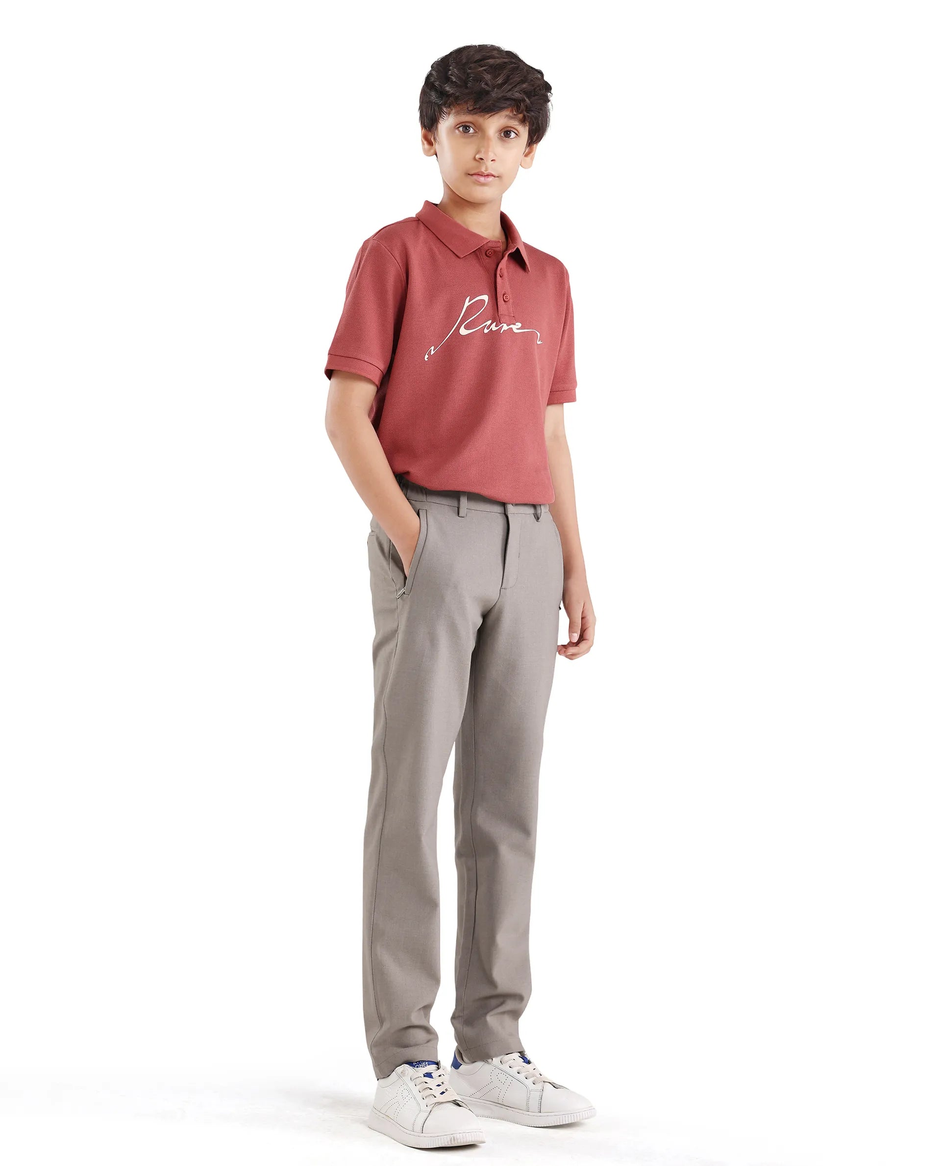 Rare Ones Kids Trove-26 Beige Polyester Blend Button And Zipper Closure Slim Fit Trouser