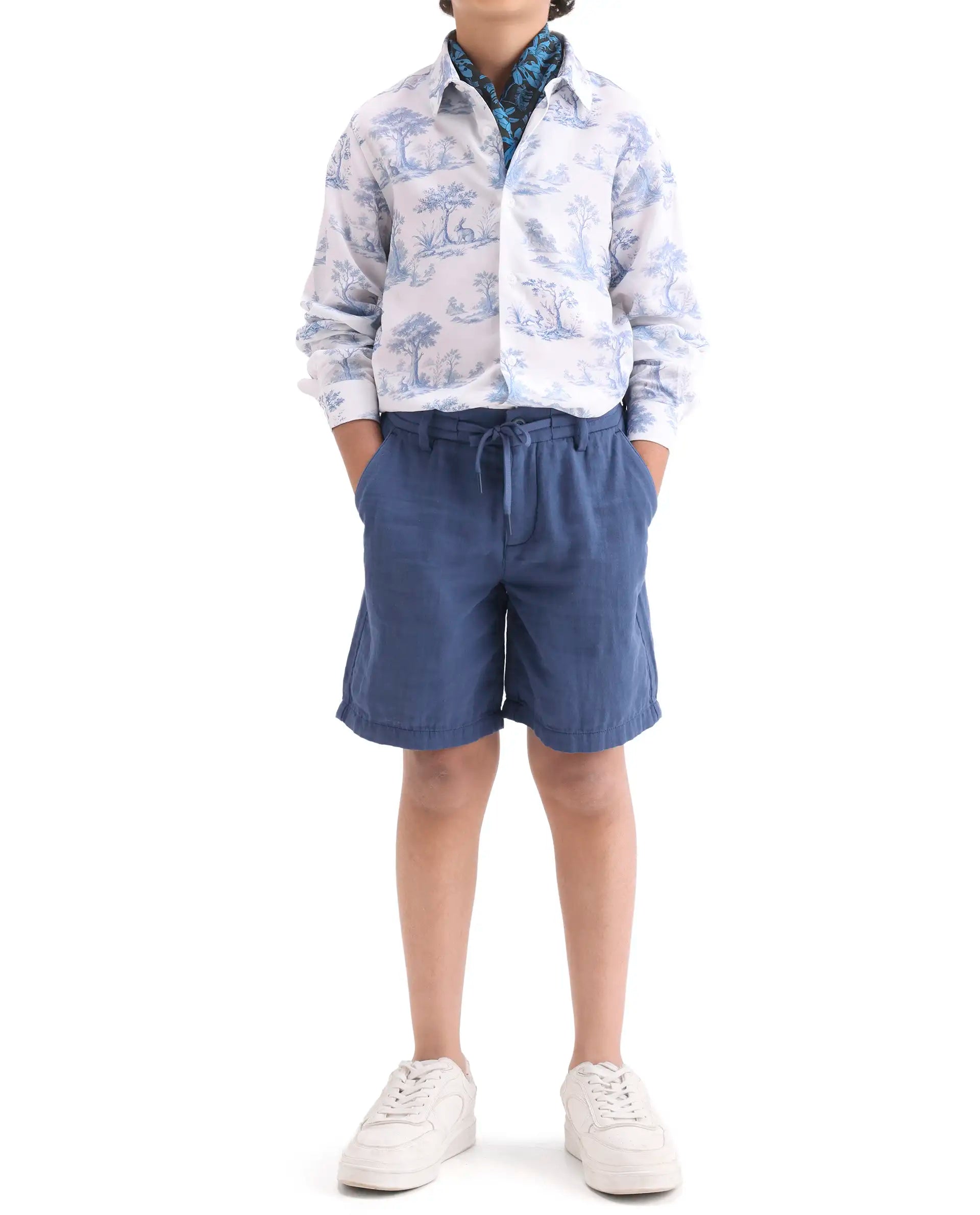 Rare Ones Kids Pinto-K-26 Blue Cotton Blend Button Closure Regular Fit Shorts