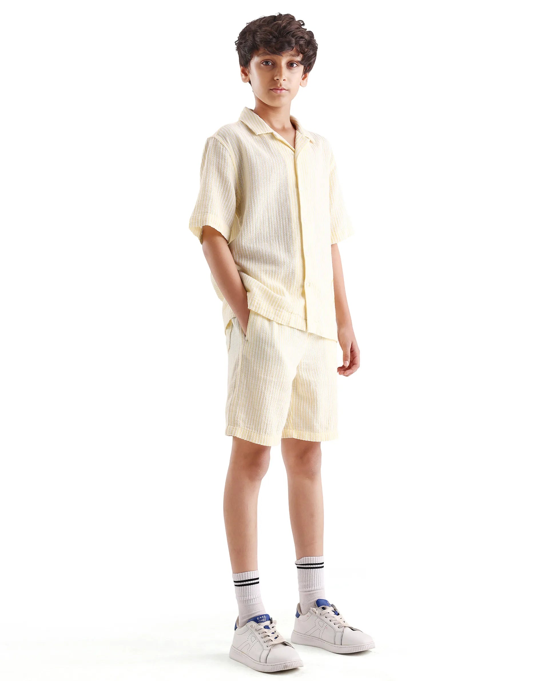 Rare Ones Kids Clyd-B Yellow Linen Blend Button Closure Regular Fit Shorts