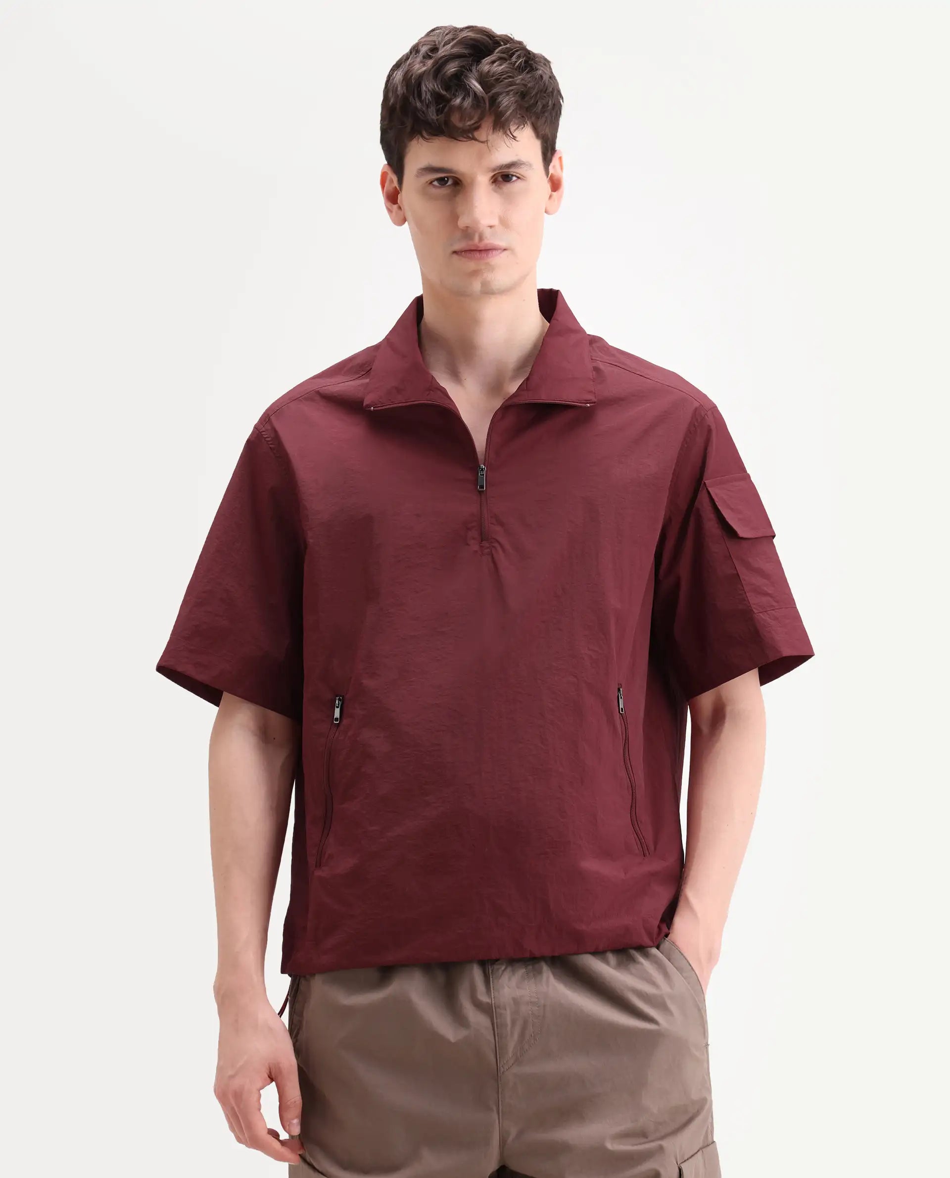Rare Rabbit Men's Atto Red Nylon Fabric Half Sleeve Spread Collar Regular Fit Plain Polo