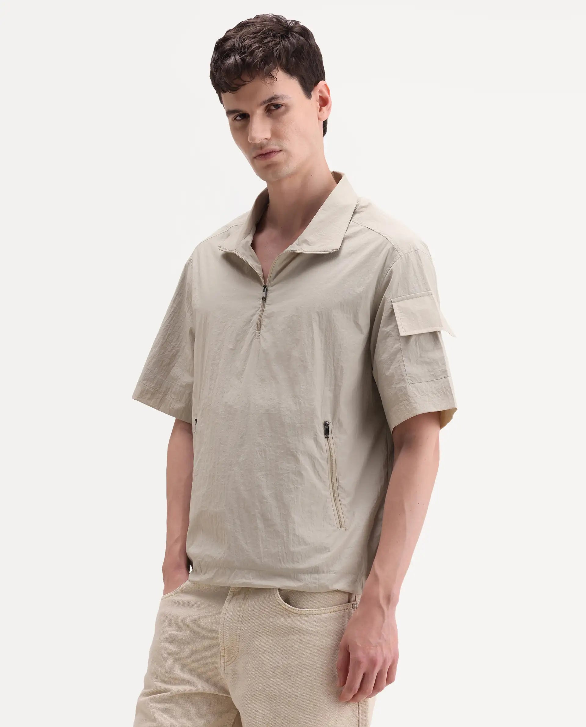 Rare Rabbit Men's Atto Beige Nylon Fabric Half Sleeve Spread Collar Regular Fit Plain Polo