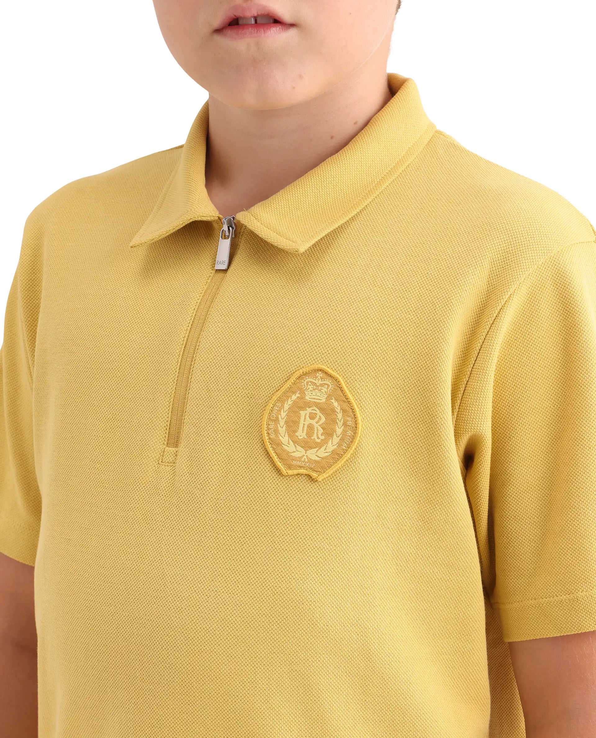 Rare Ones Kids Crown Yellow Cotton Fabric Applique Zipper Closure Regular Fit Polo