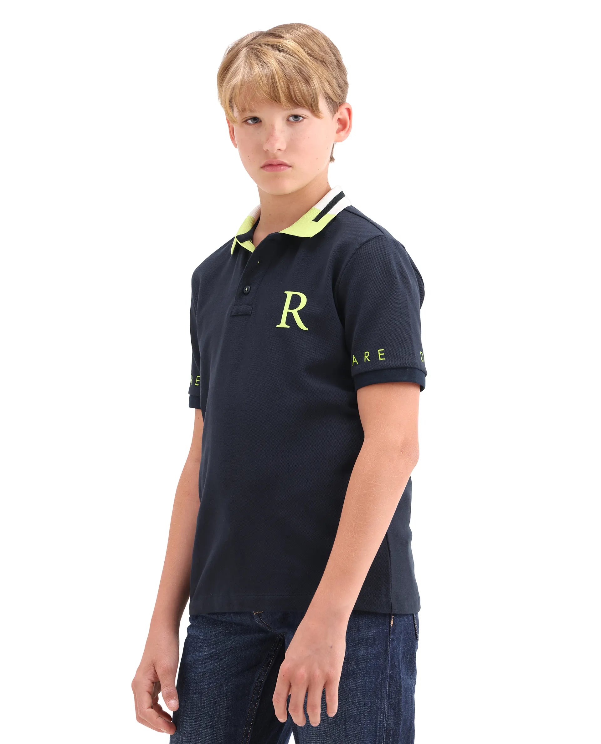Rare Ones Kids Lura Navy Cotton Button Closure Pigment Print Regular Fit Polo