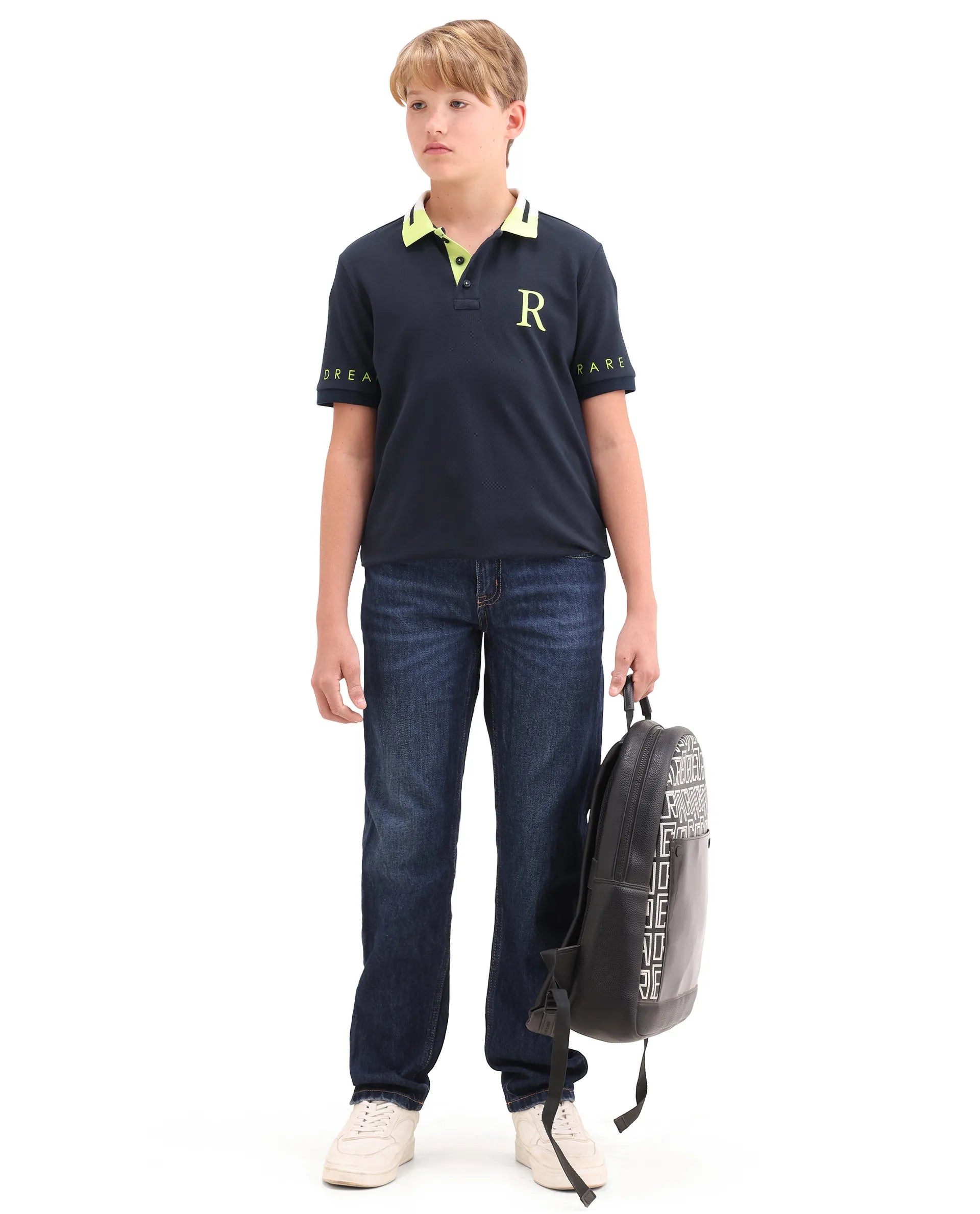 Rare Ones Kids Lura Navy Cotton Button Closure Pigment Print Regular Fit Polo