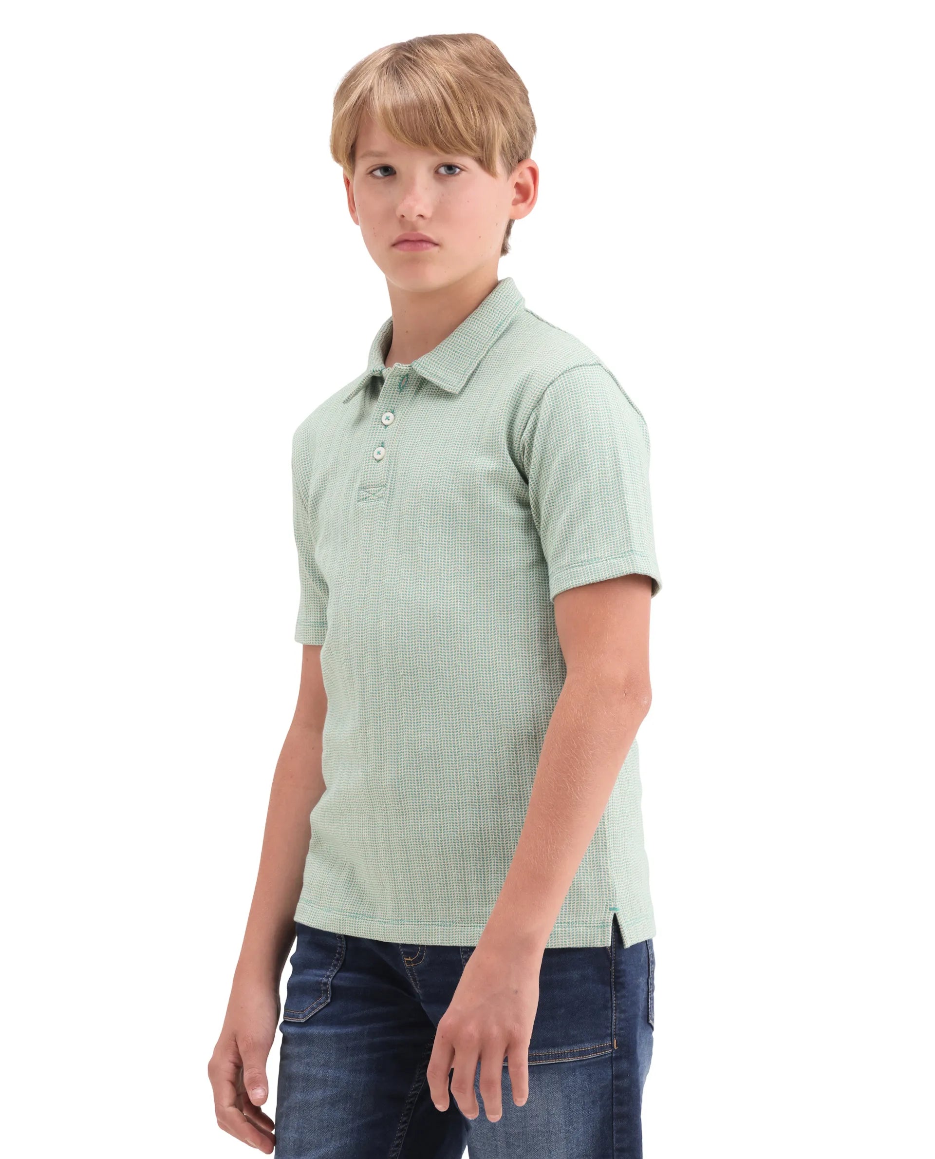 Rare Ones Kids Harri Teal Cotton Button Closure Jacquard Regular Fit Polo