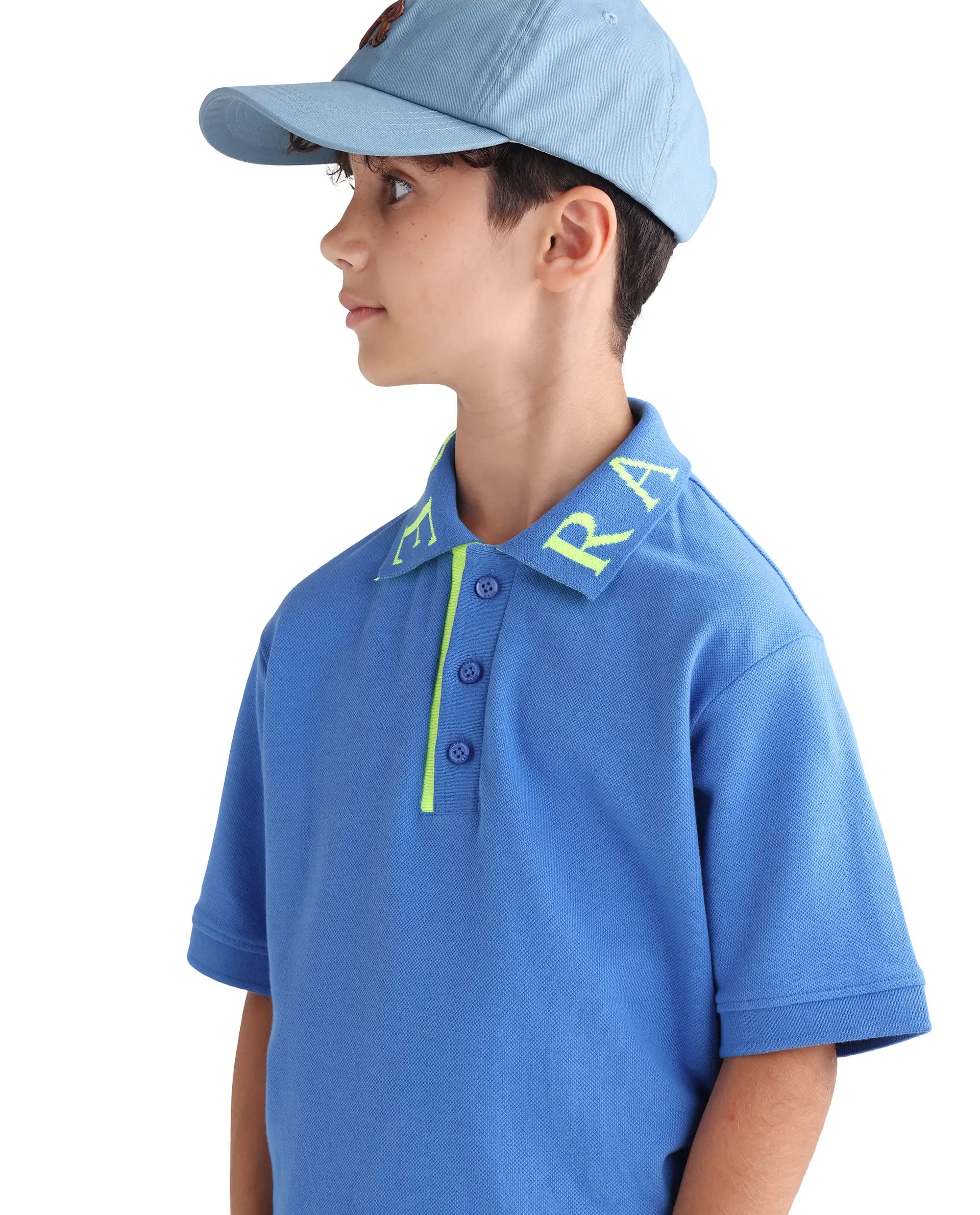 Rare Ones Kids Caven Blue Cotton Button Closure Jacquard Regular Fit Polo