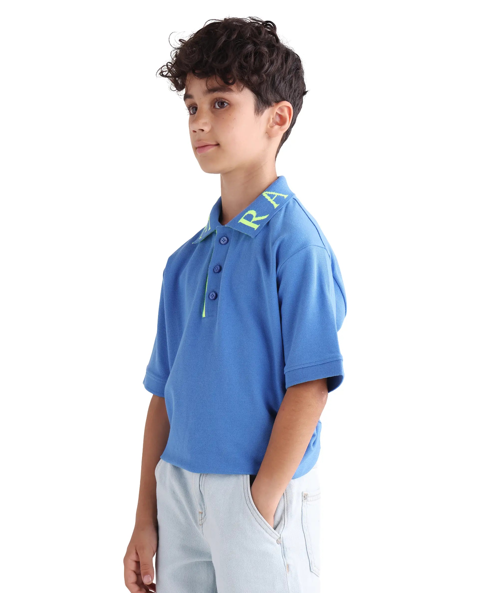 Rare Ones Kids Caven Blue Cotton Button Closure Jacquard Regular Fit Polo