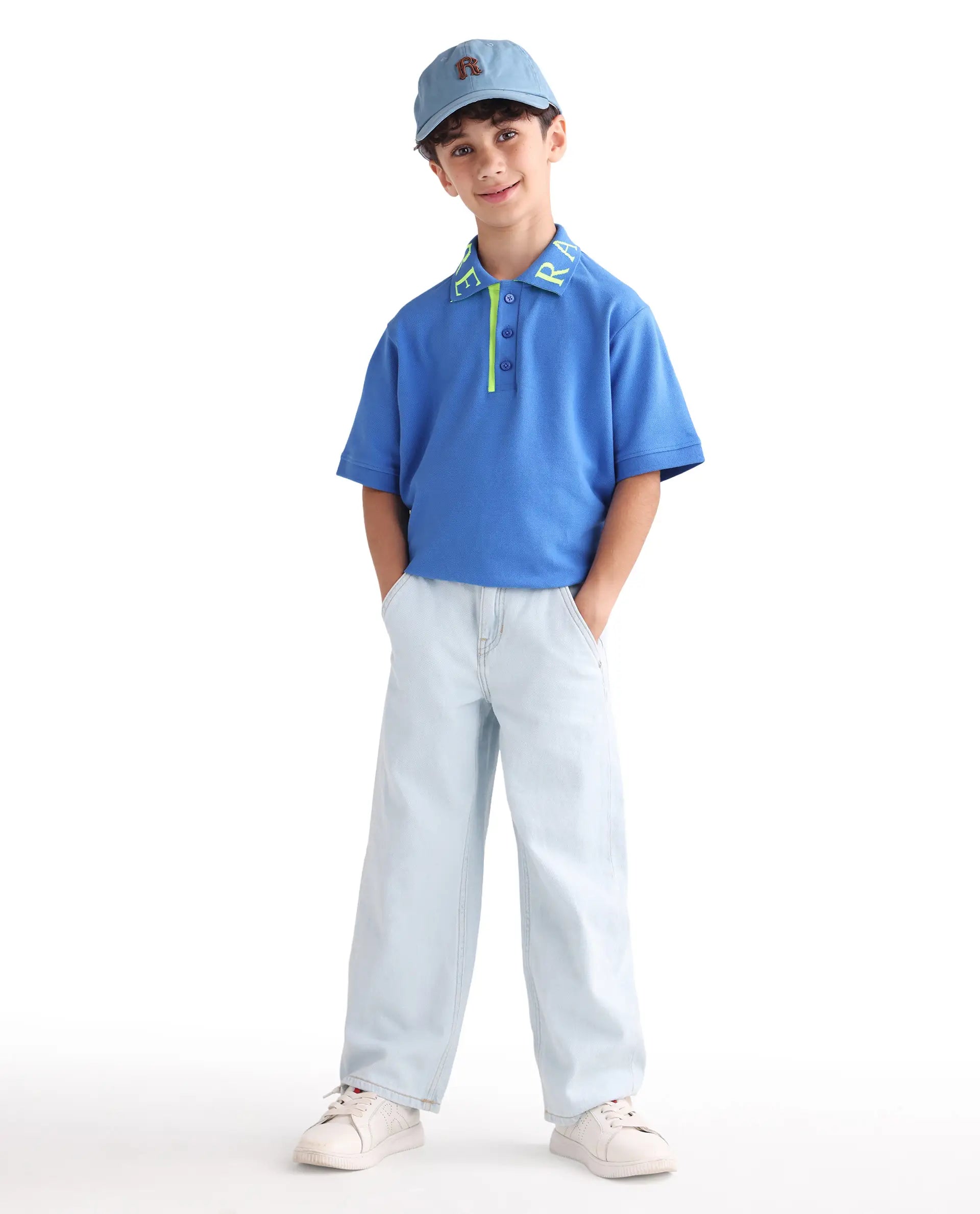 Rare Ones Kids Caven Blue Cotton Button Closure Jacquard Regular Fit Polo