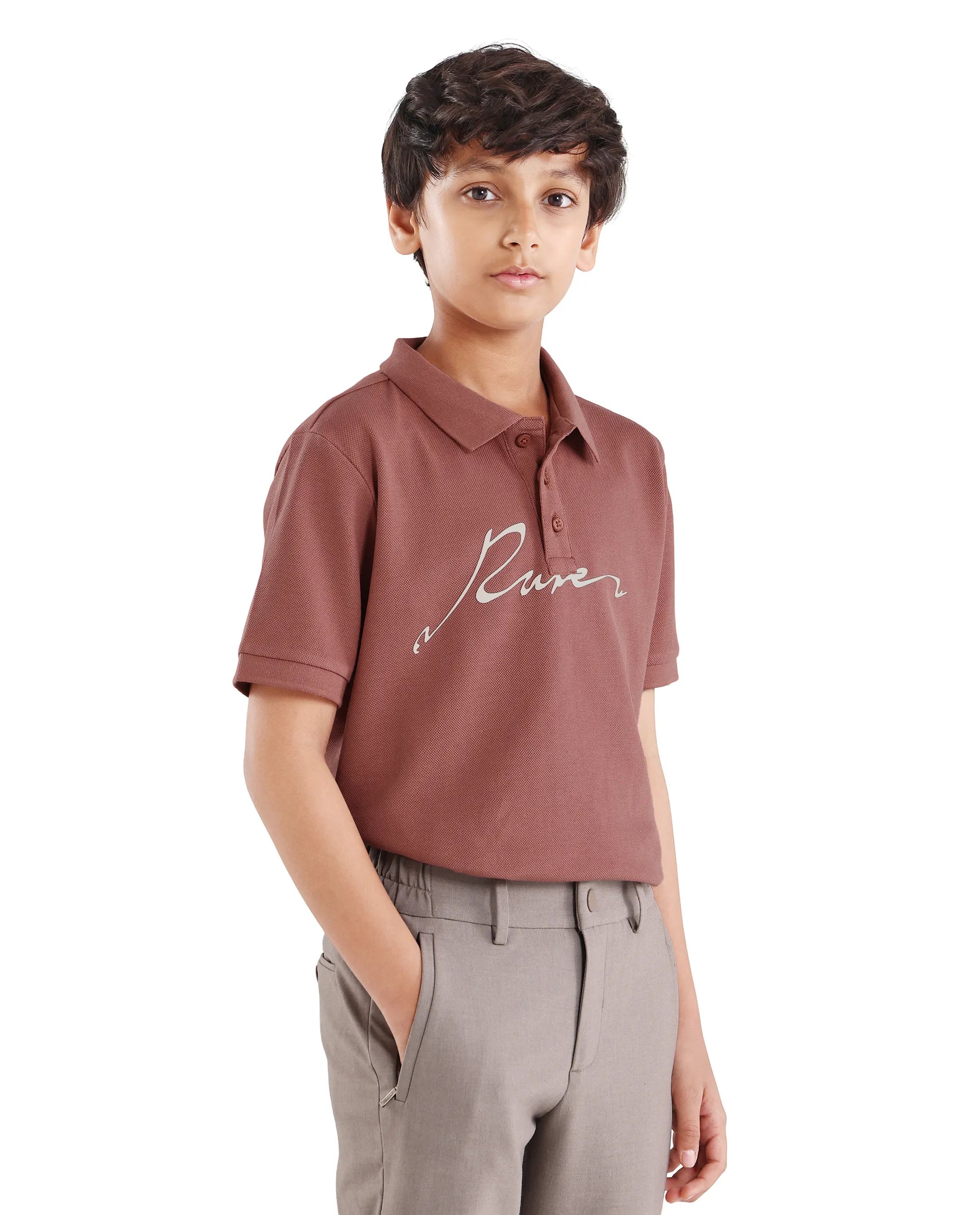 Rare Ones Kids Avir Dusky Red Cotton Button Closure Hd Print Regular Fit Polo