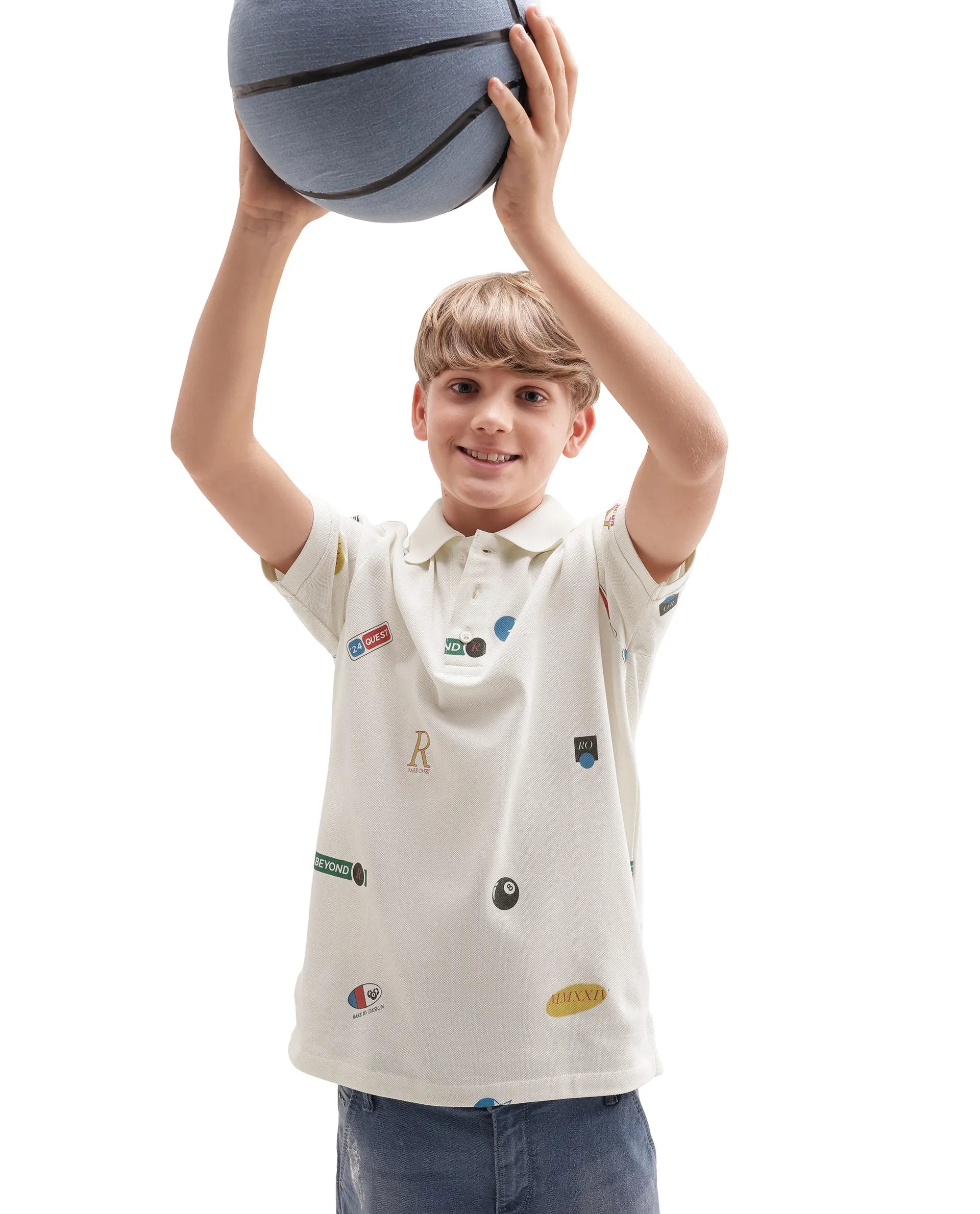 Rare Ones Kids Rixo White Cotton Button Closure All Over Print Regular Fit Polo
