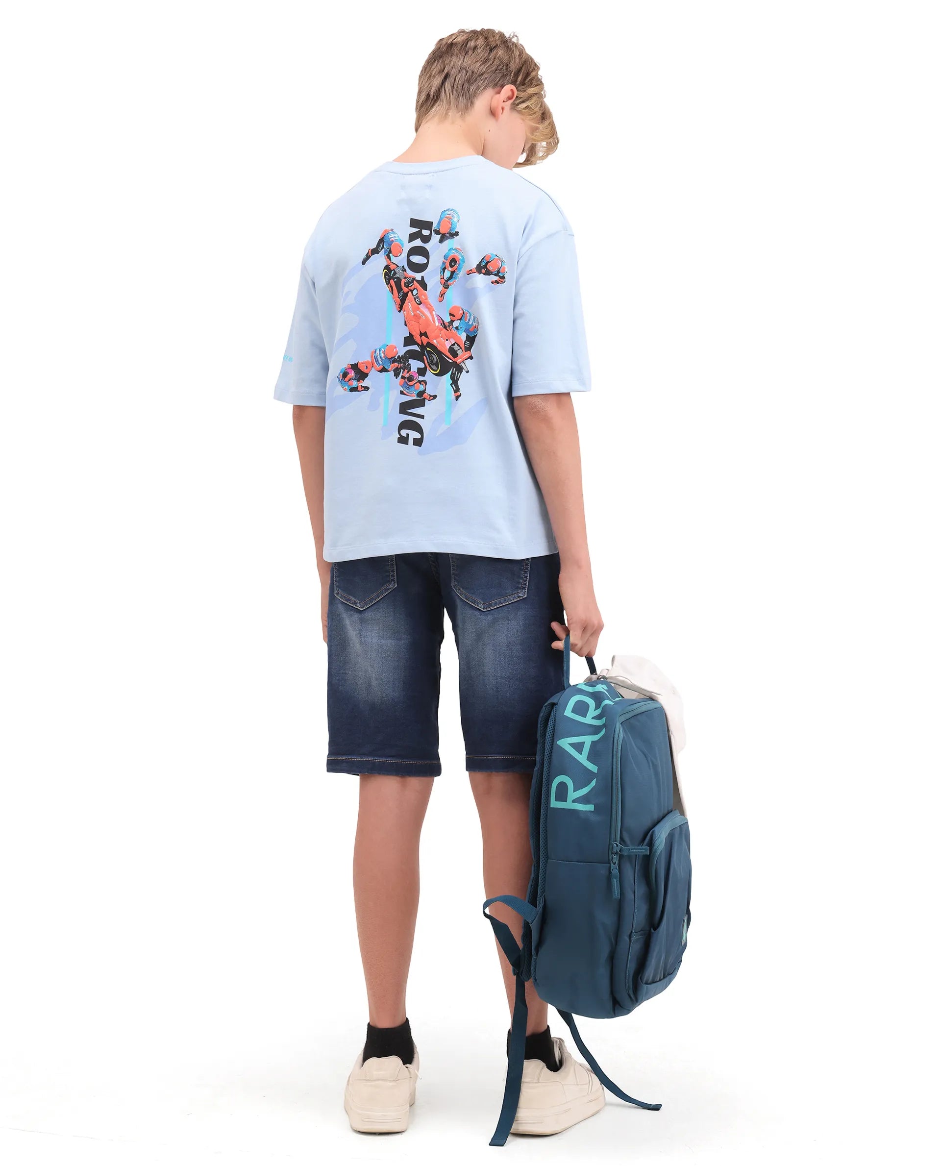 Rare Ones Kids Pite Pastel Blue Cotton Pull-On Closure Puff Print Oversized Fit T-Shirt