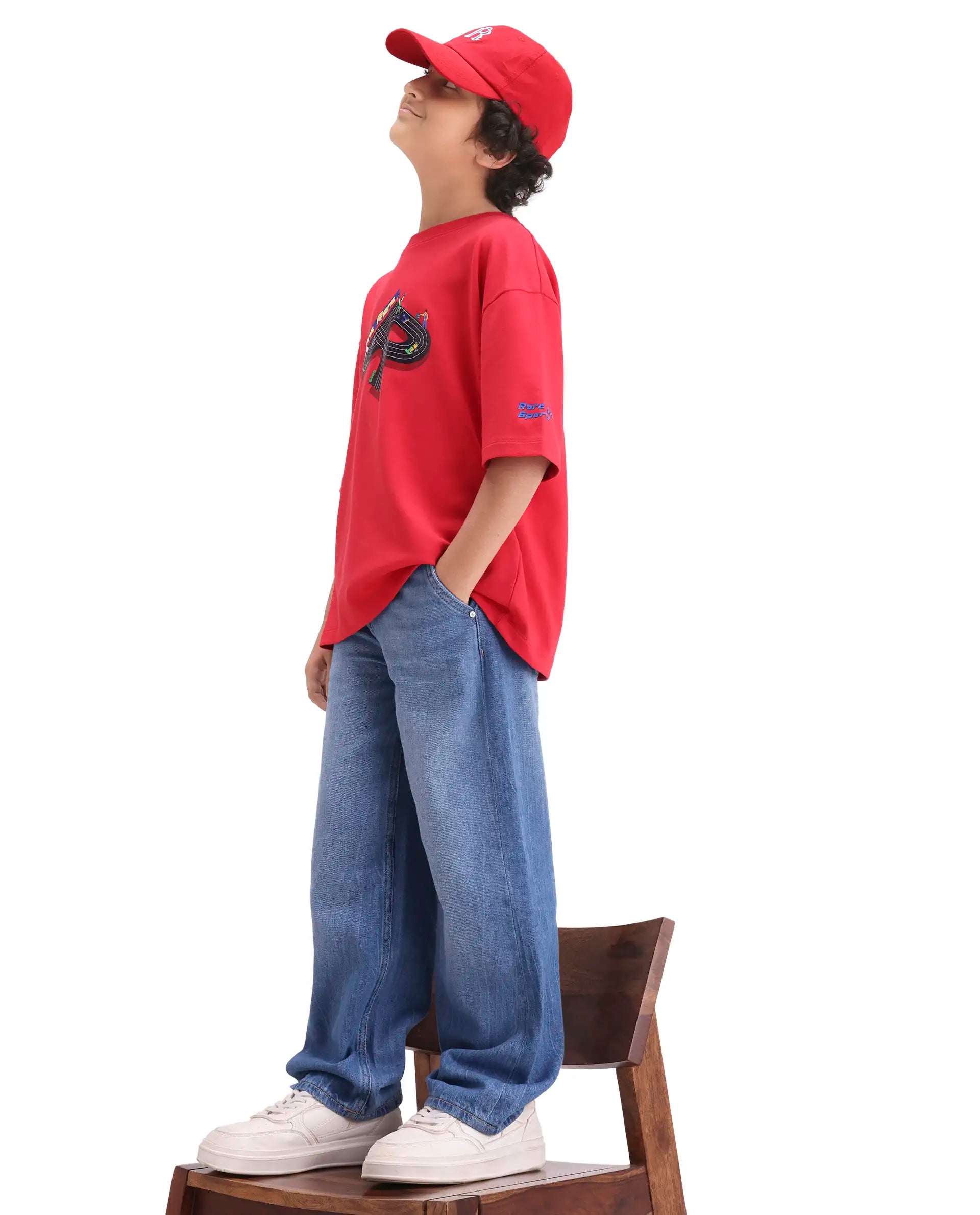 Rare Ones Kids Skil Red Cotton Blend Fabric Pull-On Closure Hd Print Boxy Fit T-Shirt