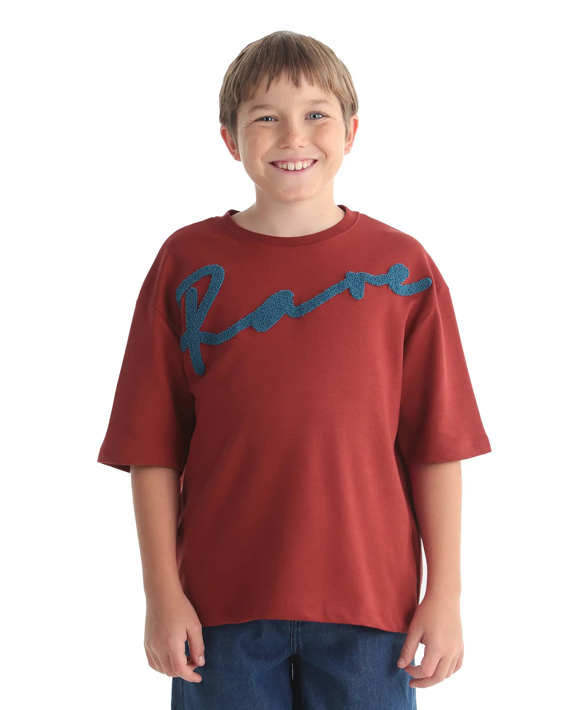 Rare Ones Kids Lerc-K Red Cotton Blend Fabric Pull-On Closure Terry Embroidery Oversized Fit T-Shirt