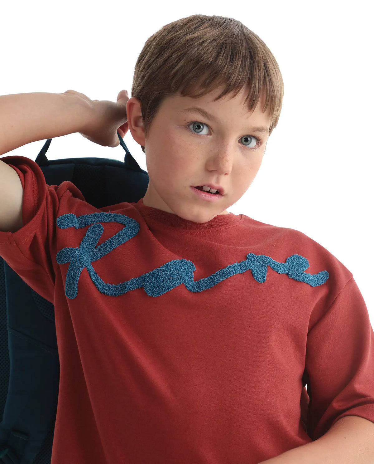 Rare Ones Kids Lerc-K Red Cotton Blend Fabric Pull-On Closure Terry Embroidery Oversized Fit T-Shirt