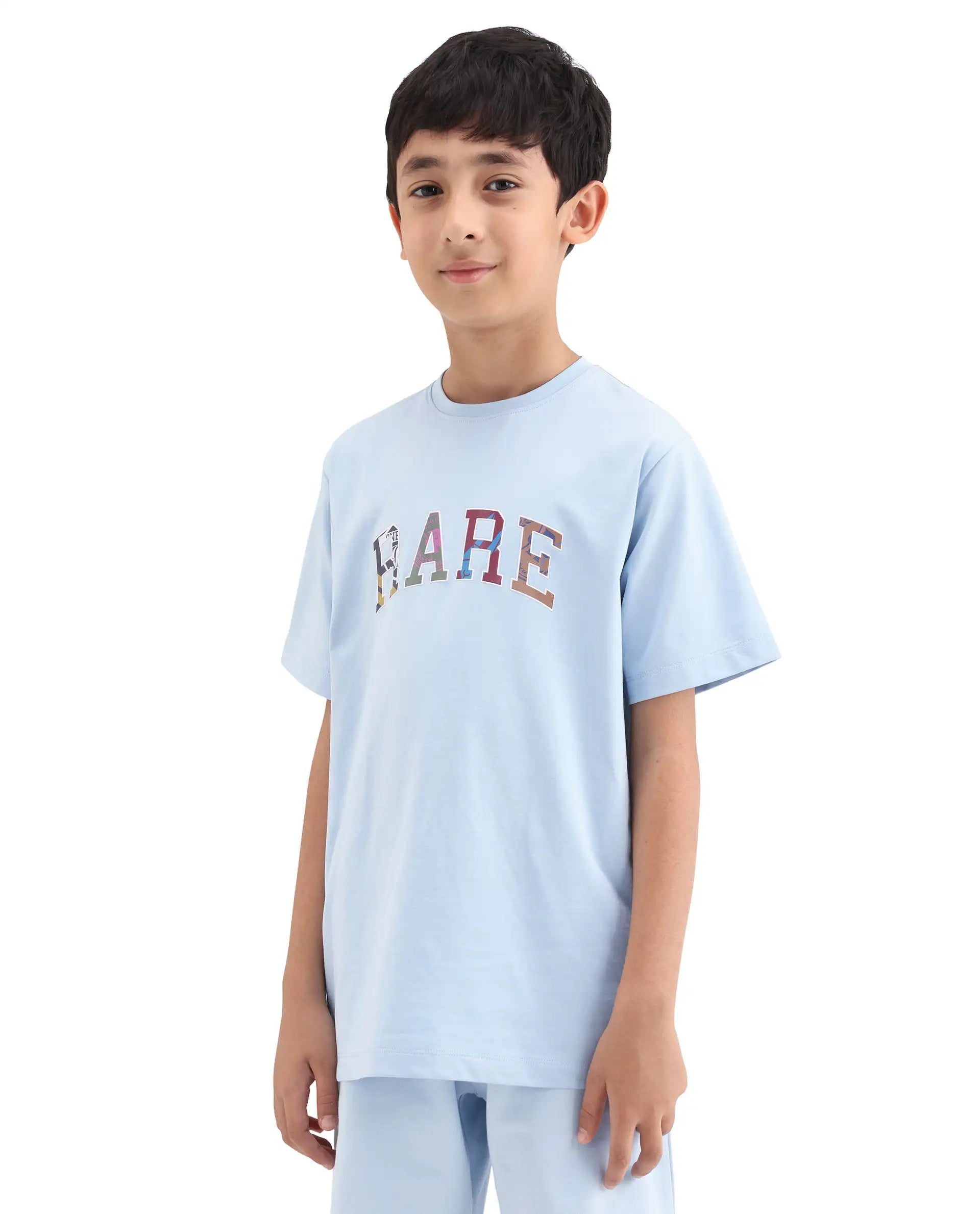 Rare Ones Kids Jonty Pastel Blue Cotton Fabric Pull-On Closure Badge Applique Regular Fit T-Shirt