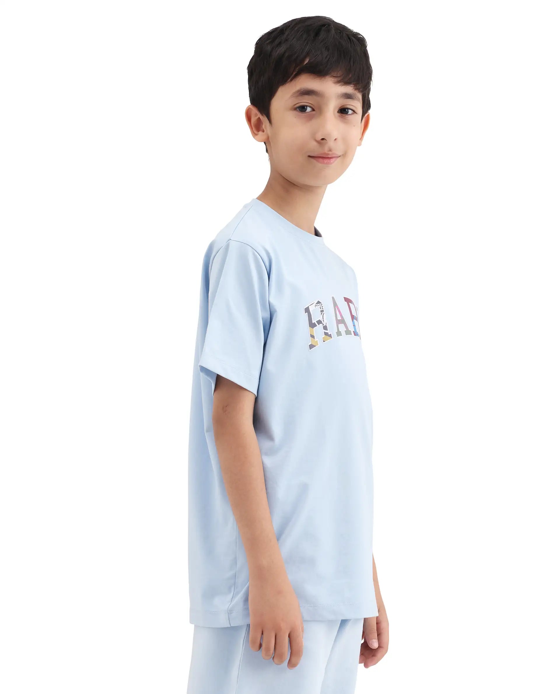 Rare Ones Kids Jonty Pastel Blue Cotton Fabric Pull-On Closure Badge Applique Regular Fit T-Shirt