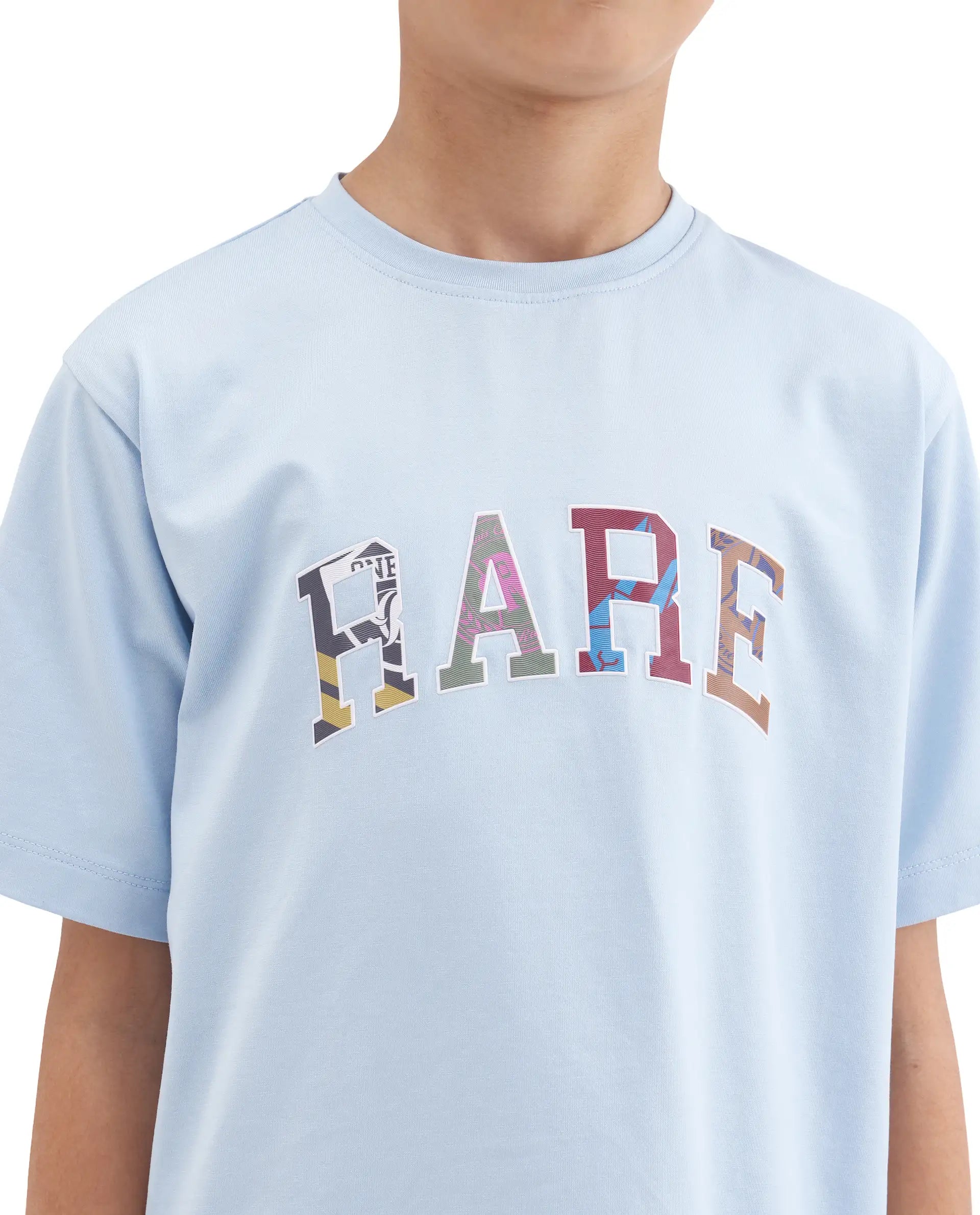 Rare Ones Kids Jonty Pastel Blue Cotton Fabric Pull-On Closure Badge Applique Regular Fit T-Shirt