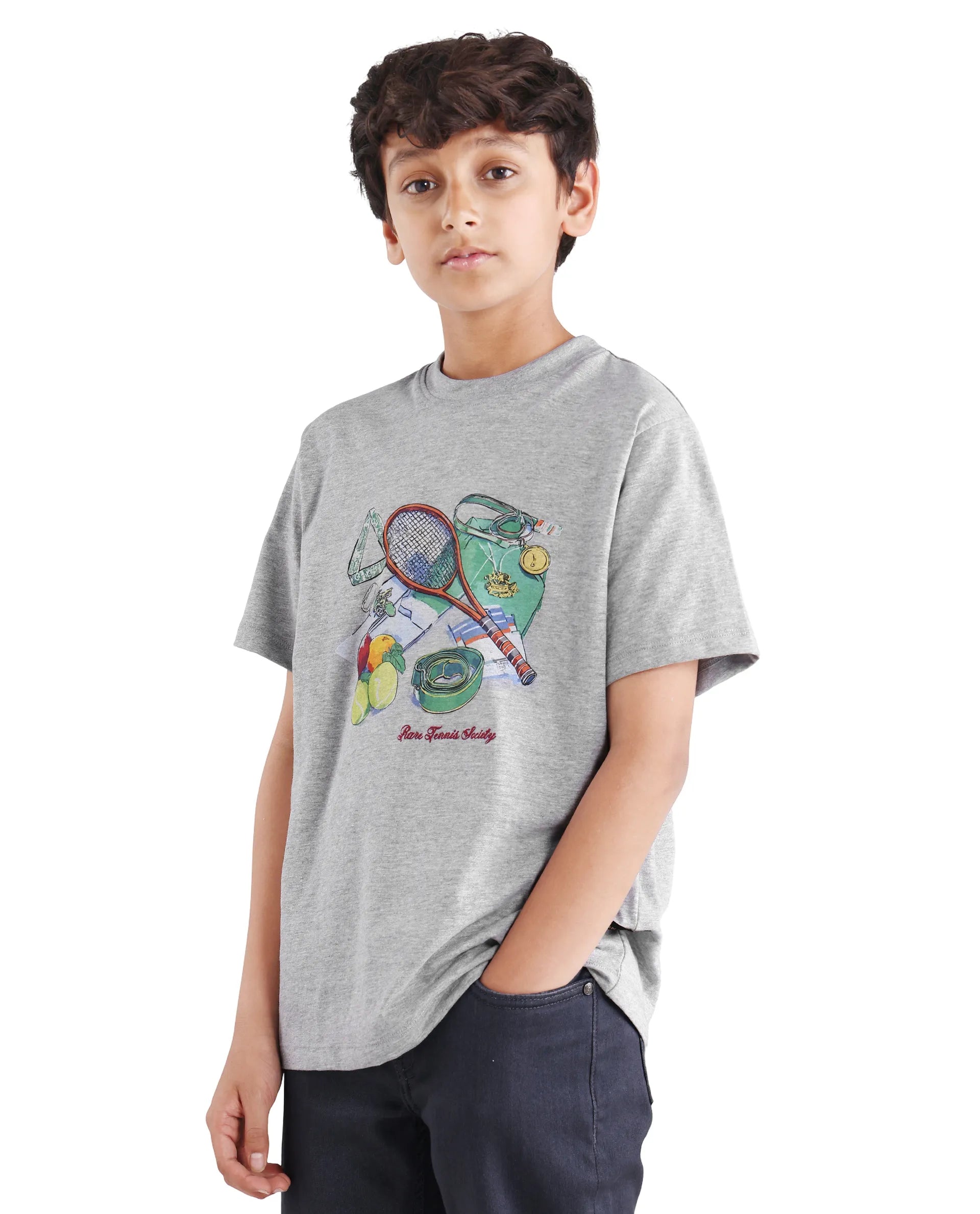 Rare Ones Kids Nadal Melange Grey Cotton Blend Pull-On Closure Digital Print Regular Fit T-Shirt