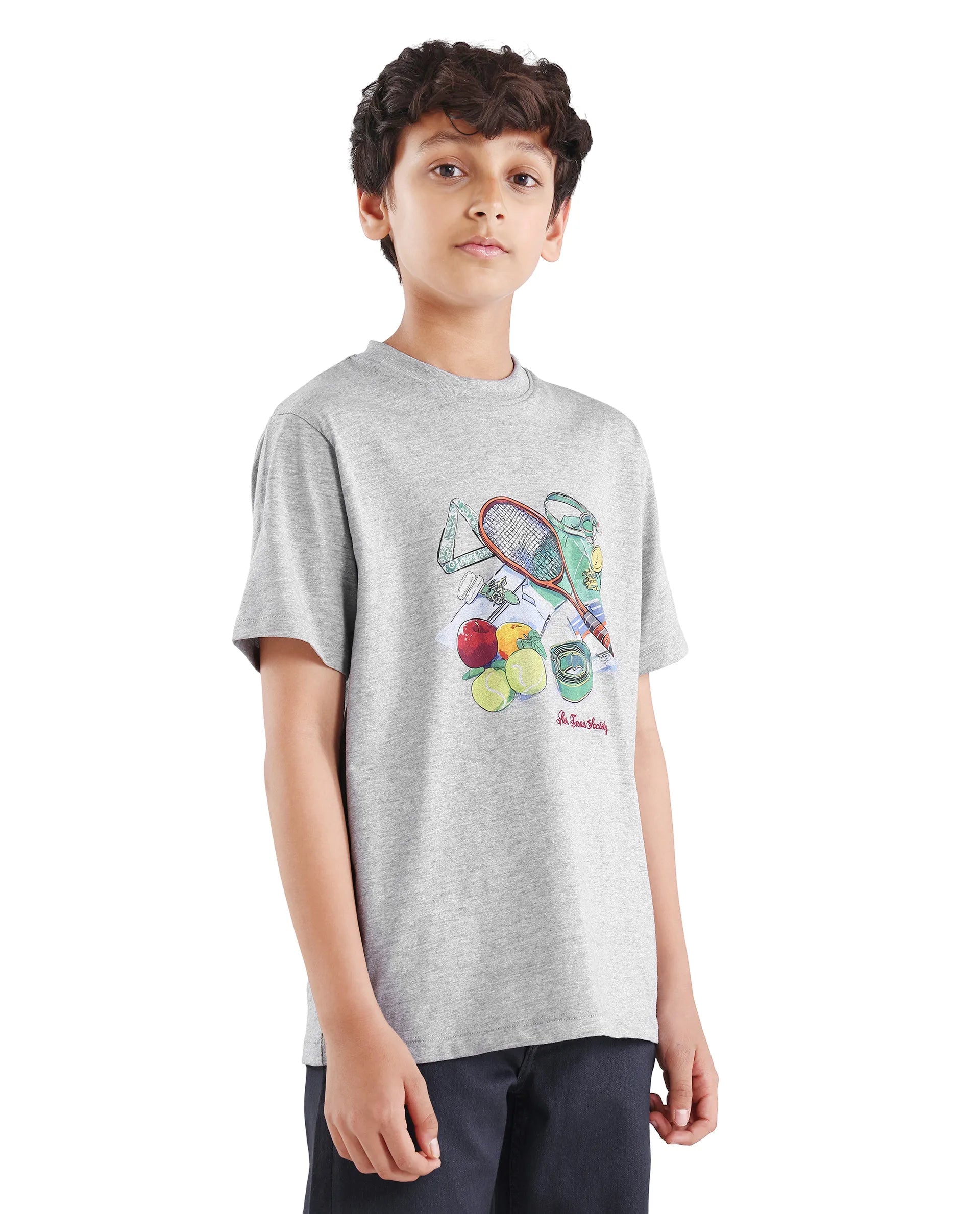 Rare Ones Kids Nadal Melange Grey Cotton Blend Pull-On Closure Digital Print Regular Fit T-Shirt