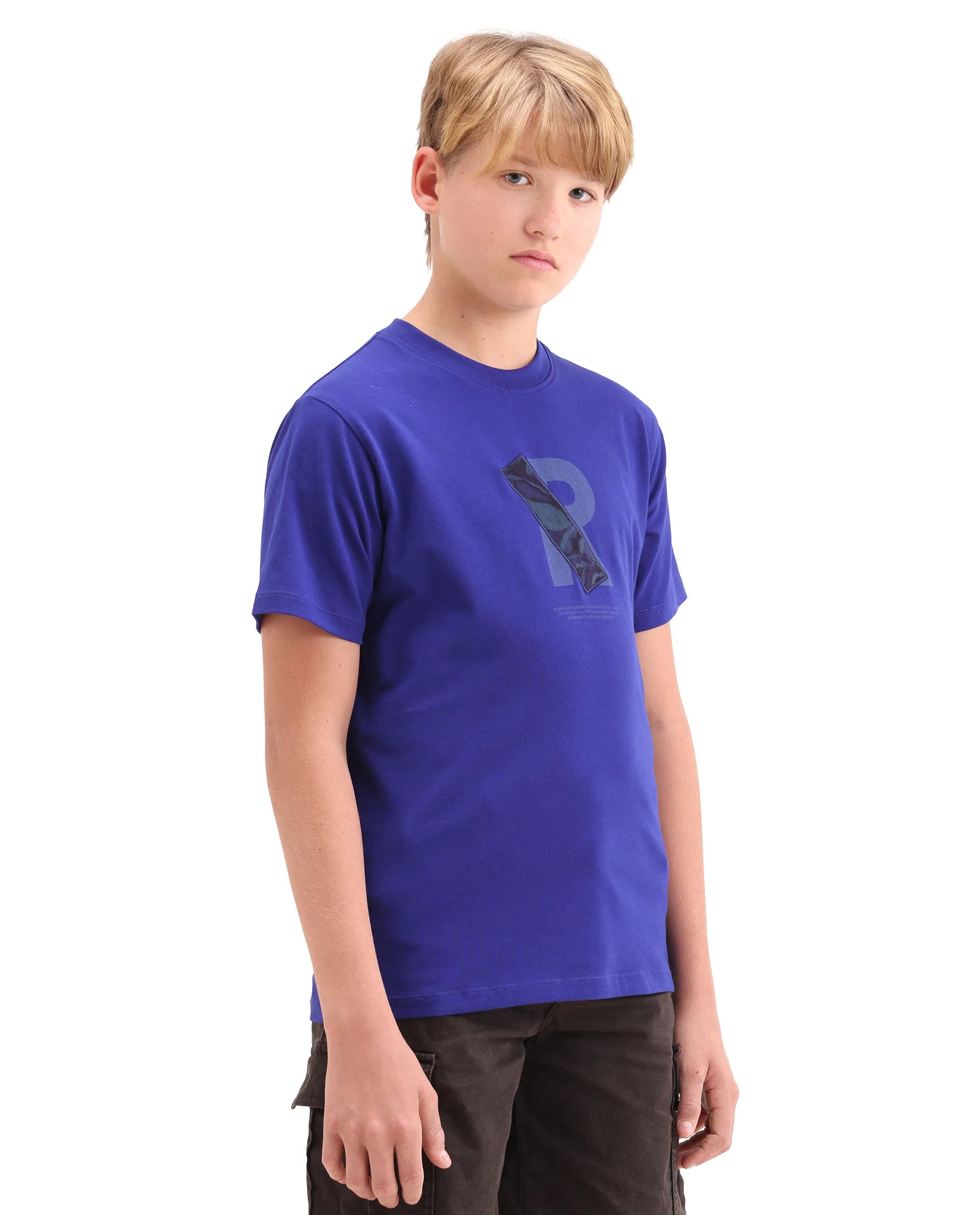 Rare Ones Kids Apla-K Dark Blue Cotton Blend Pull-On Closure Badge Applique Regular Fit T-Shirt