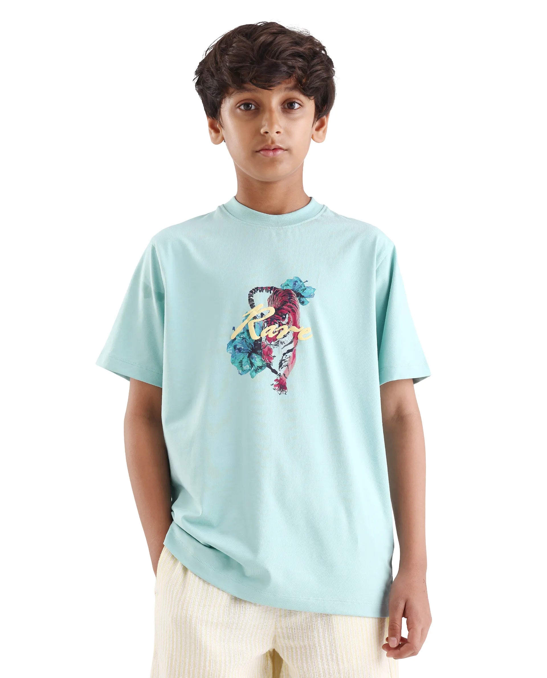 Rare Ones Kids Rige-K Dusky Blue Cotton Blend Fabric Pull-On Closure Digital Print Regular Fit T-Shirt