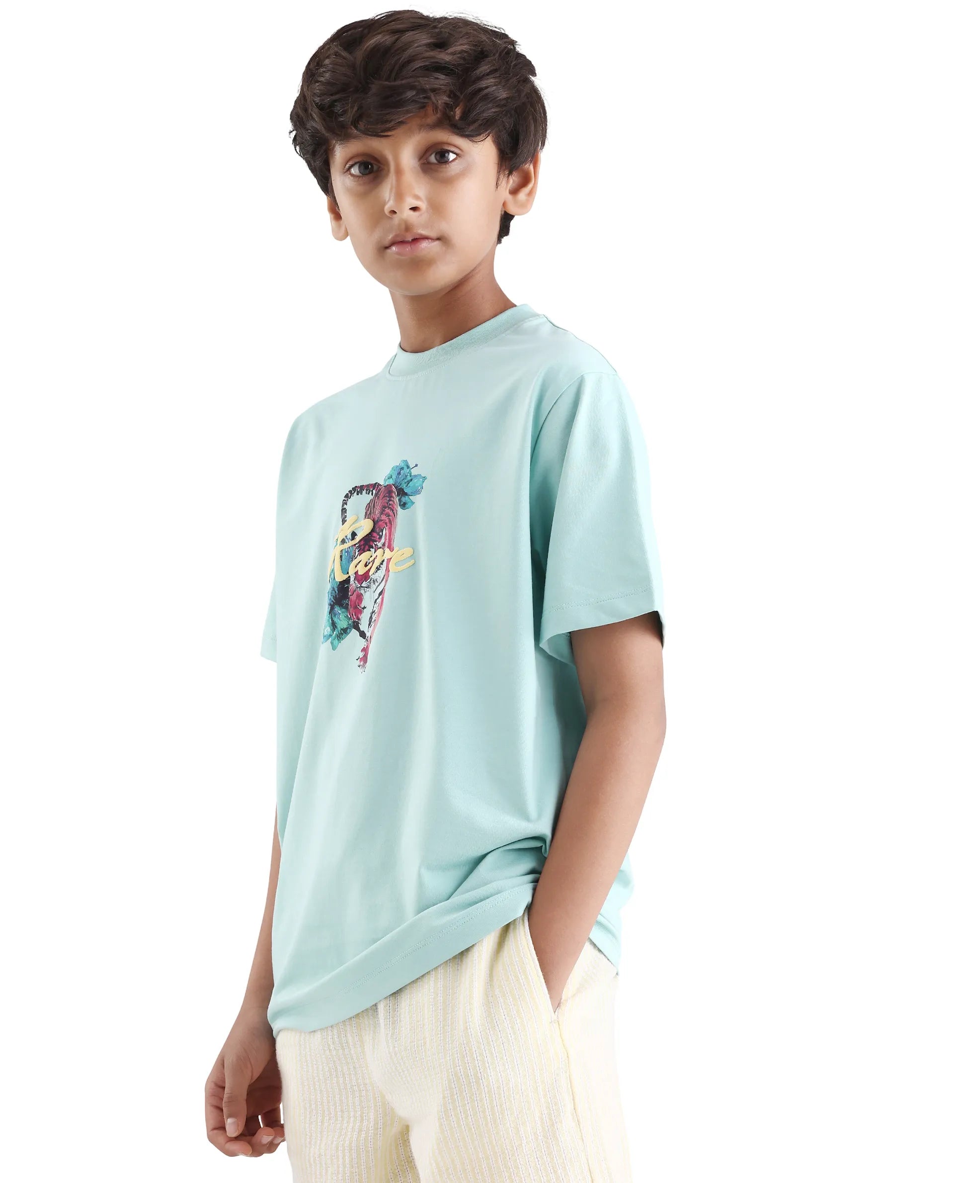 Rare Ones Kids Rige-K Dusky Blue Cotton Blend Fabric Pull-On Closure Digital Print Regular Fit T-Shirt
