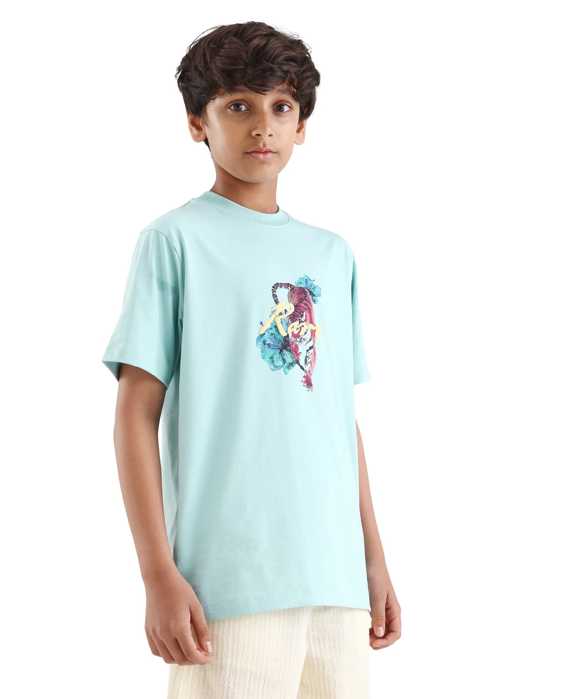 Rare Ones Kids Rige-K Dusky Blue Cotton Blend Fabric Pull-On Closure Digital Print Regular Fit T-Shirt