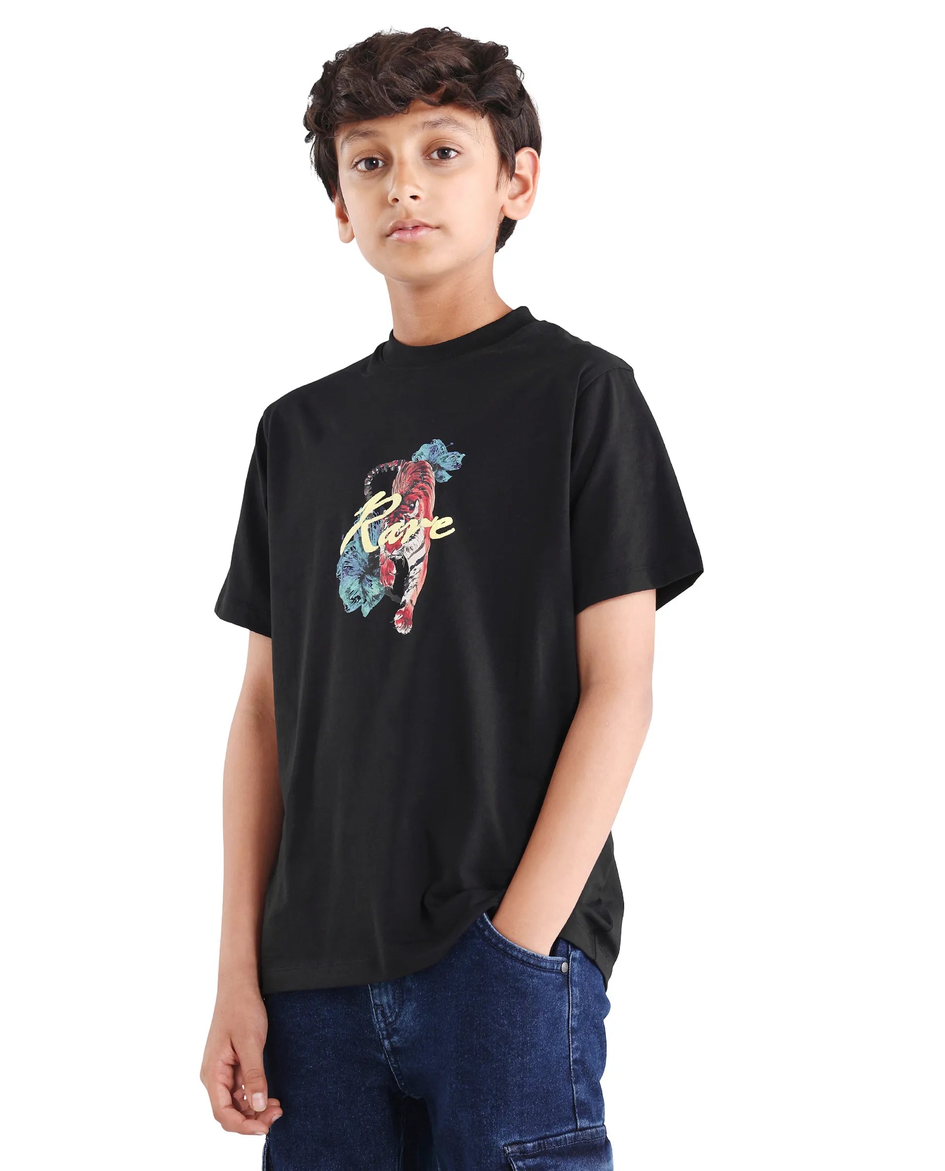Rare Ones Kids Rige-K Black Cotton Blend Fabric Pull-On Closure Digital Print Regular Fit T-Shirt