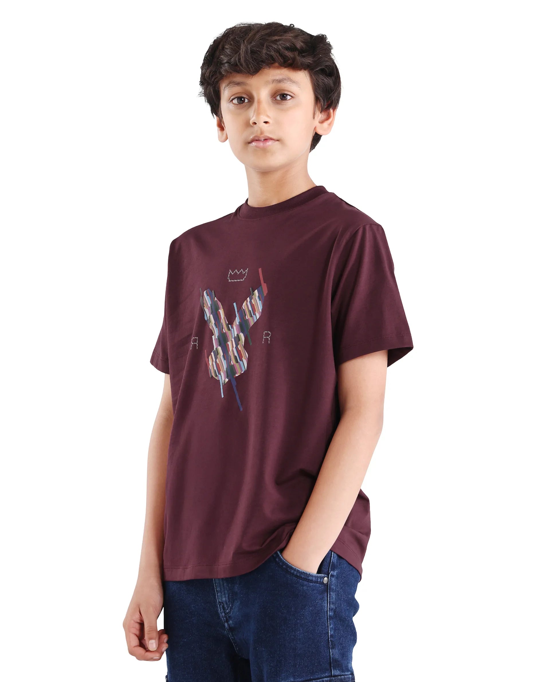 Rare Ones Kids Ure-K Dark Maroon Cotton Blend Fabric Pull-On Closure Hd Print Regular Fit T-Shirt