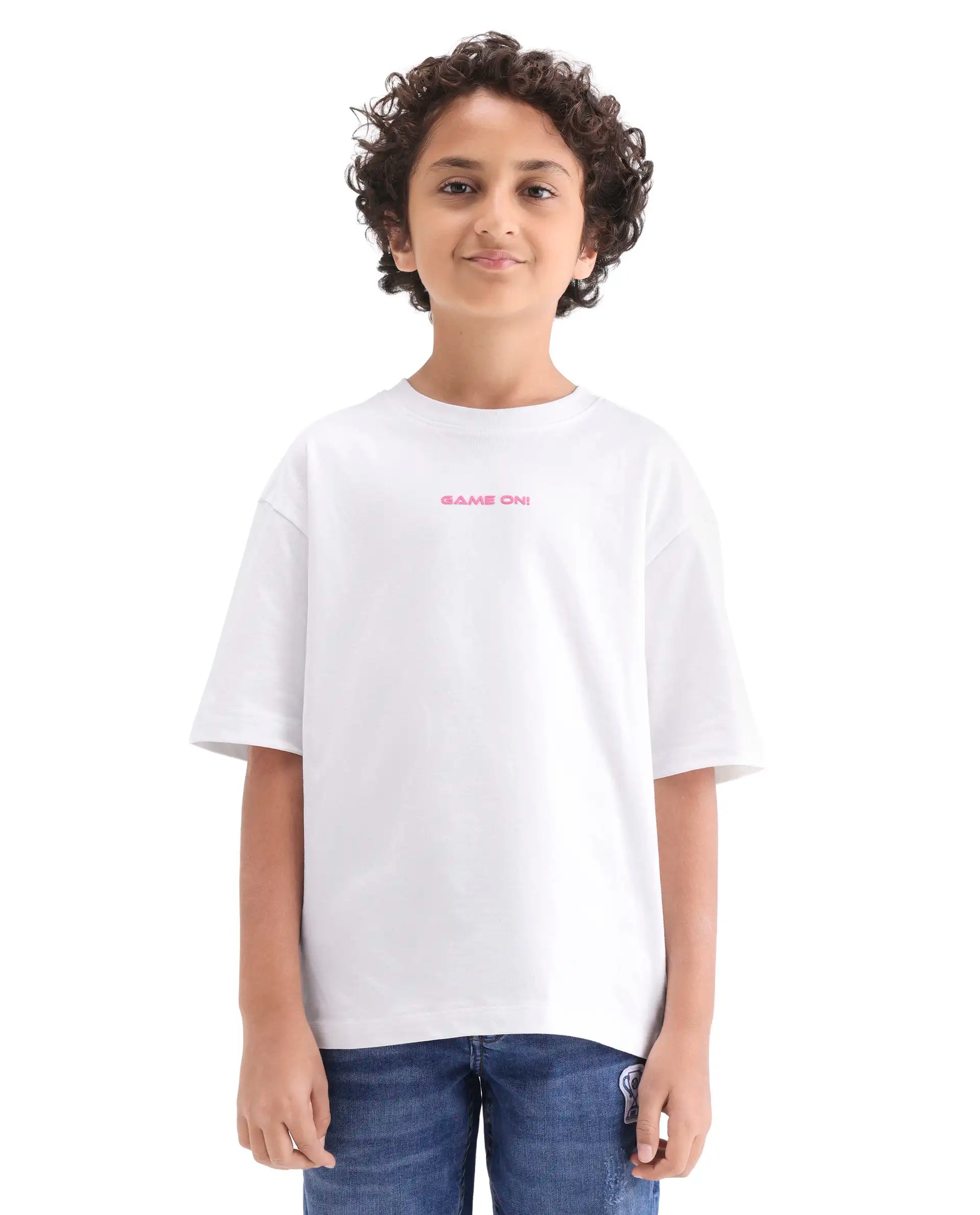 Rare Ones Kids Gamo-26 White Cotton Pull-On Closure Puff Print Boxy Fit T-Shirt