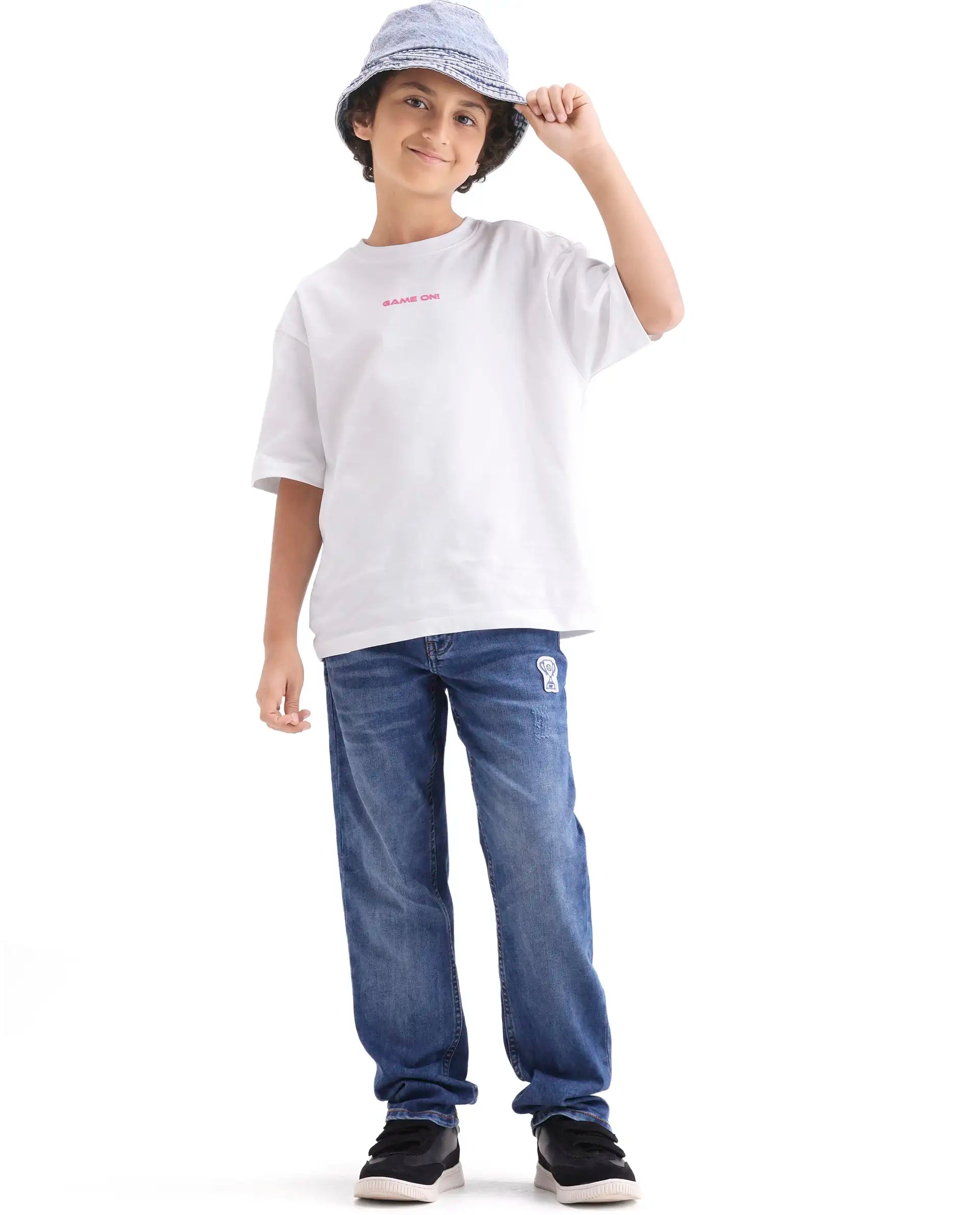 Rare Ones Kids Gamo-26 White Cotton Pull-On Closure Puff Print Boxy Fit T-Shirt