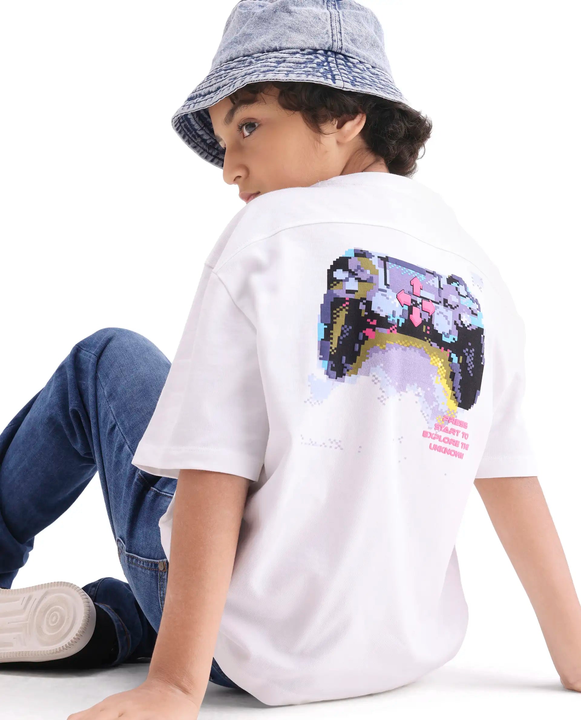 Rare Ones Kids Gamo-26 White Cotton Pull-On Closure Puff Print Boxy Fit T-Shirt
