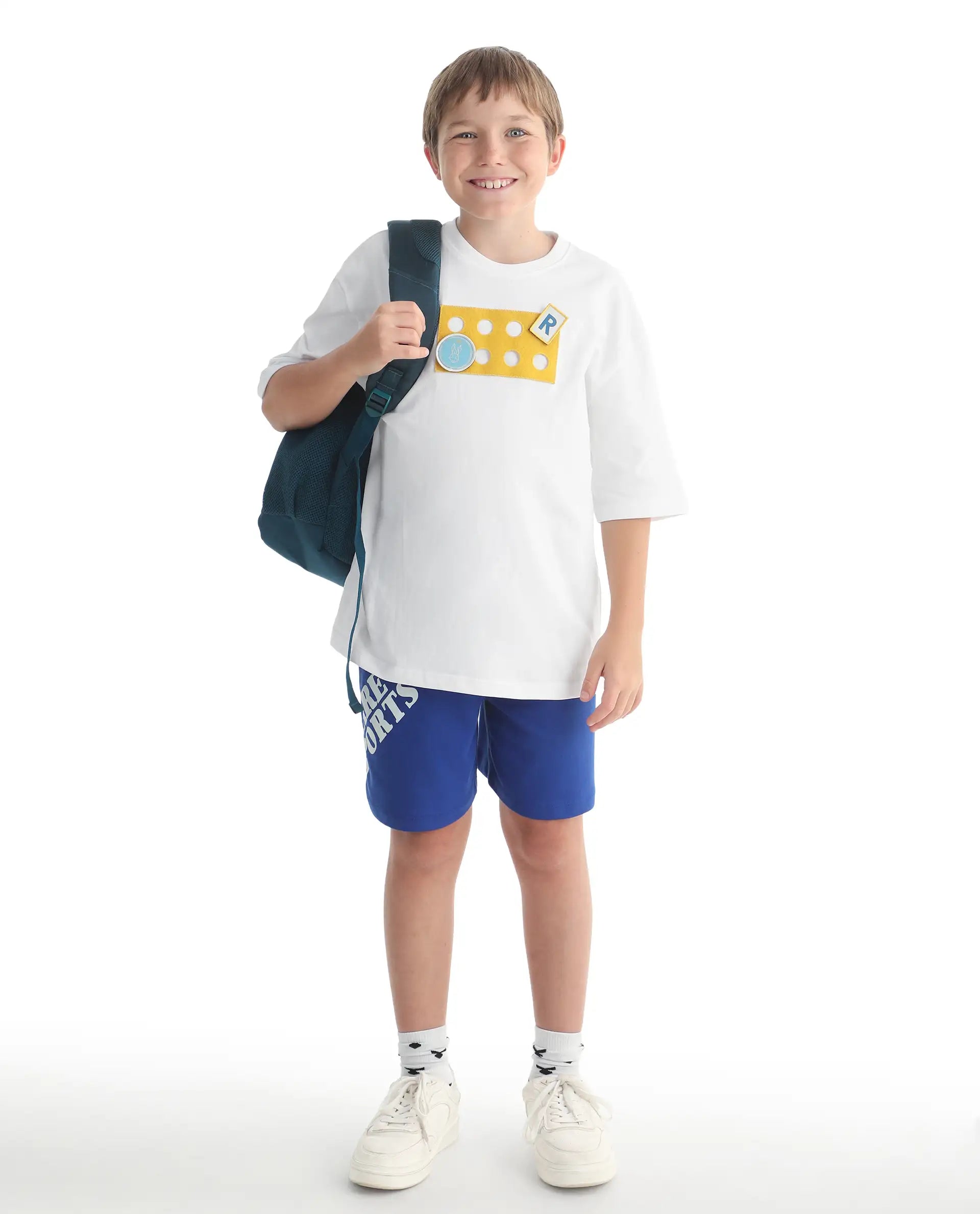 Rare Ones Kids Legun-26 White Cotton Pull-On Closure Badge Applique Oversized Fit T-Shirt