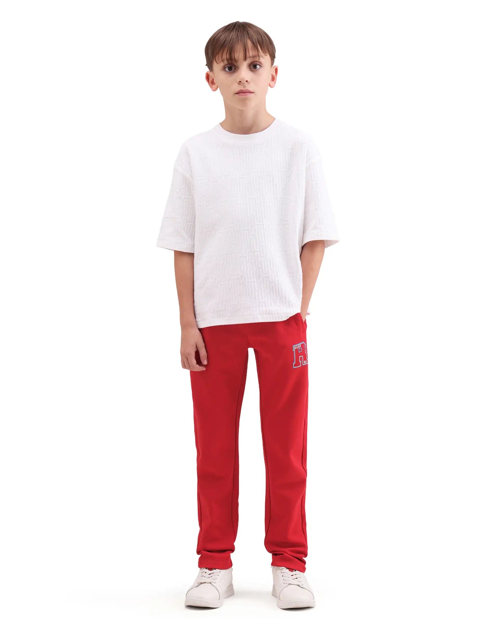 Rare Ones Kids Huzz Red Cotton Blend Fabric Drawstring Closure Hd Print Straight Fit Track Pant