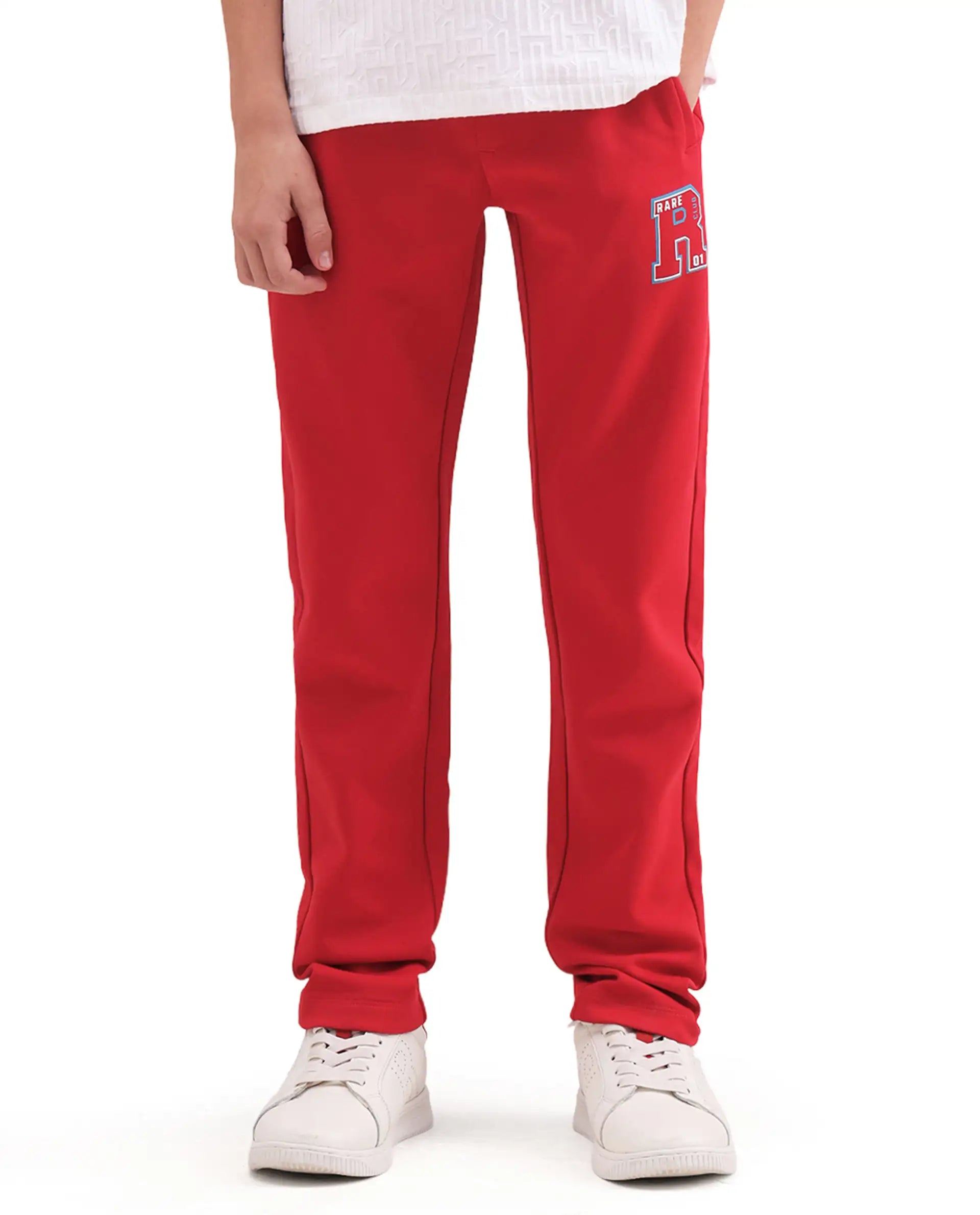 Rare Ones Kids Huzz Red Cotton Blend Fabric Drawstring Closure Hd Print Straight Fit Track Pant