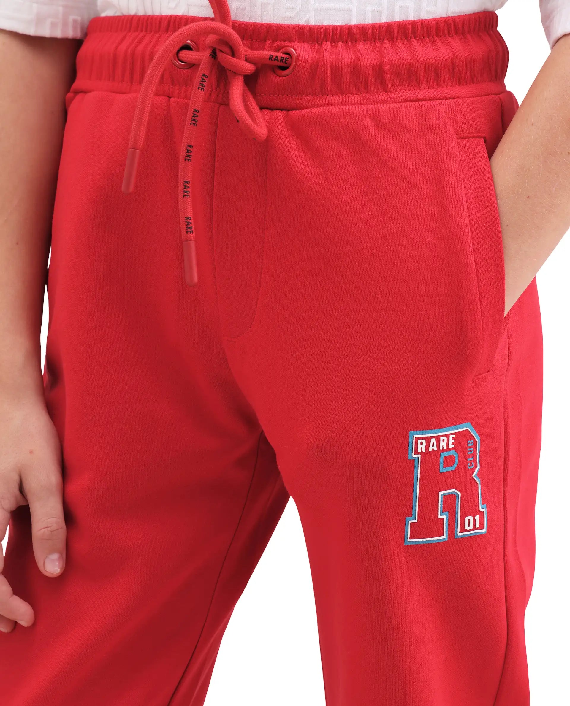 Rare Ones Kids Huzz Red Cotton Blend Fabric Drawstring Closure Hd Print Straight Fit Track Pant