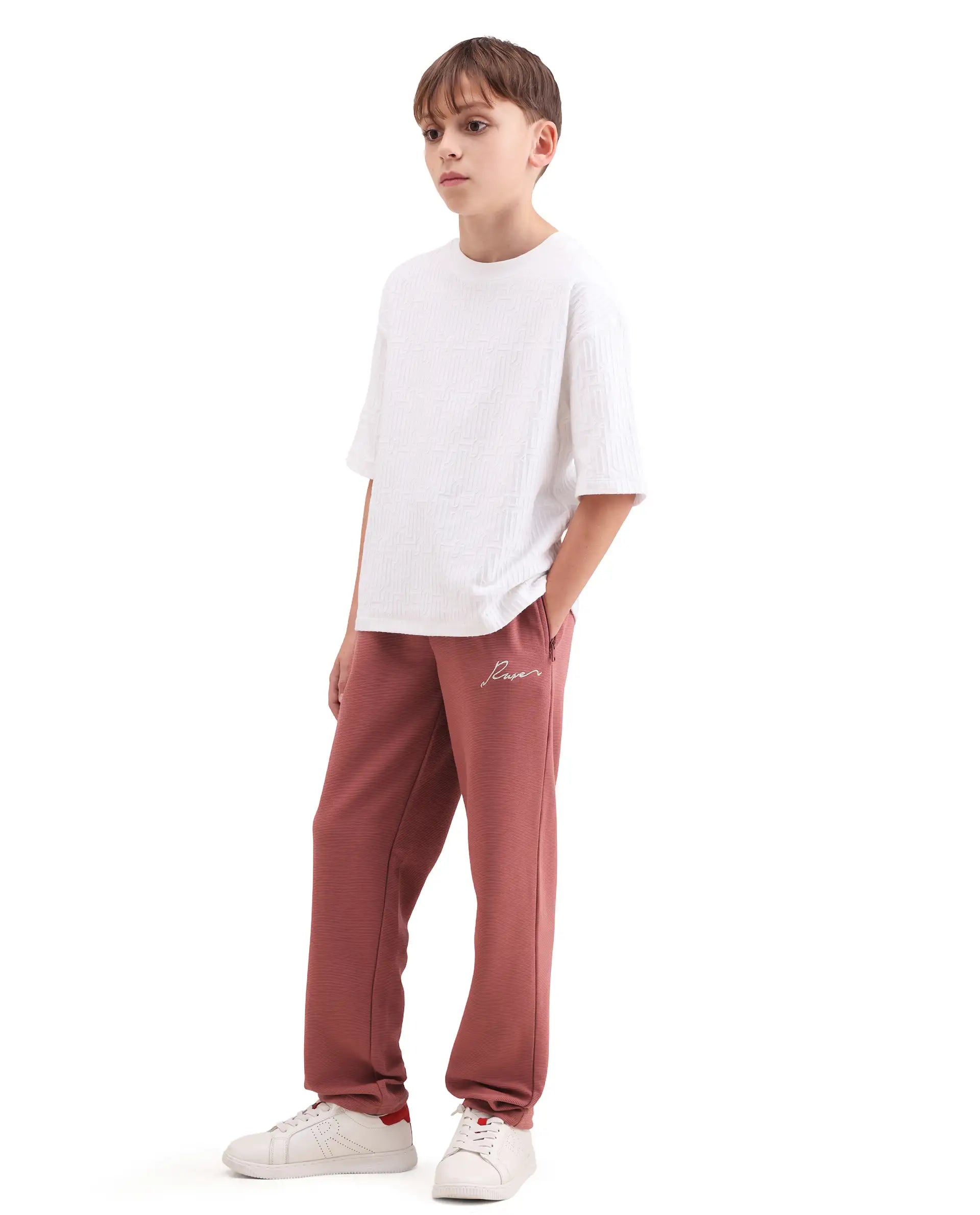 Rare Ones Kids Ned Dusky Red Cotton Blend Fabric Drawstring Closure Hd Print Straight Fit Track Pant