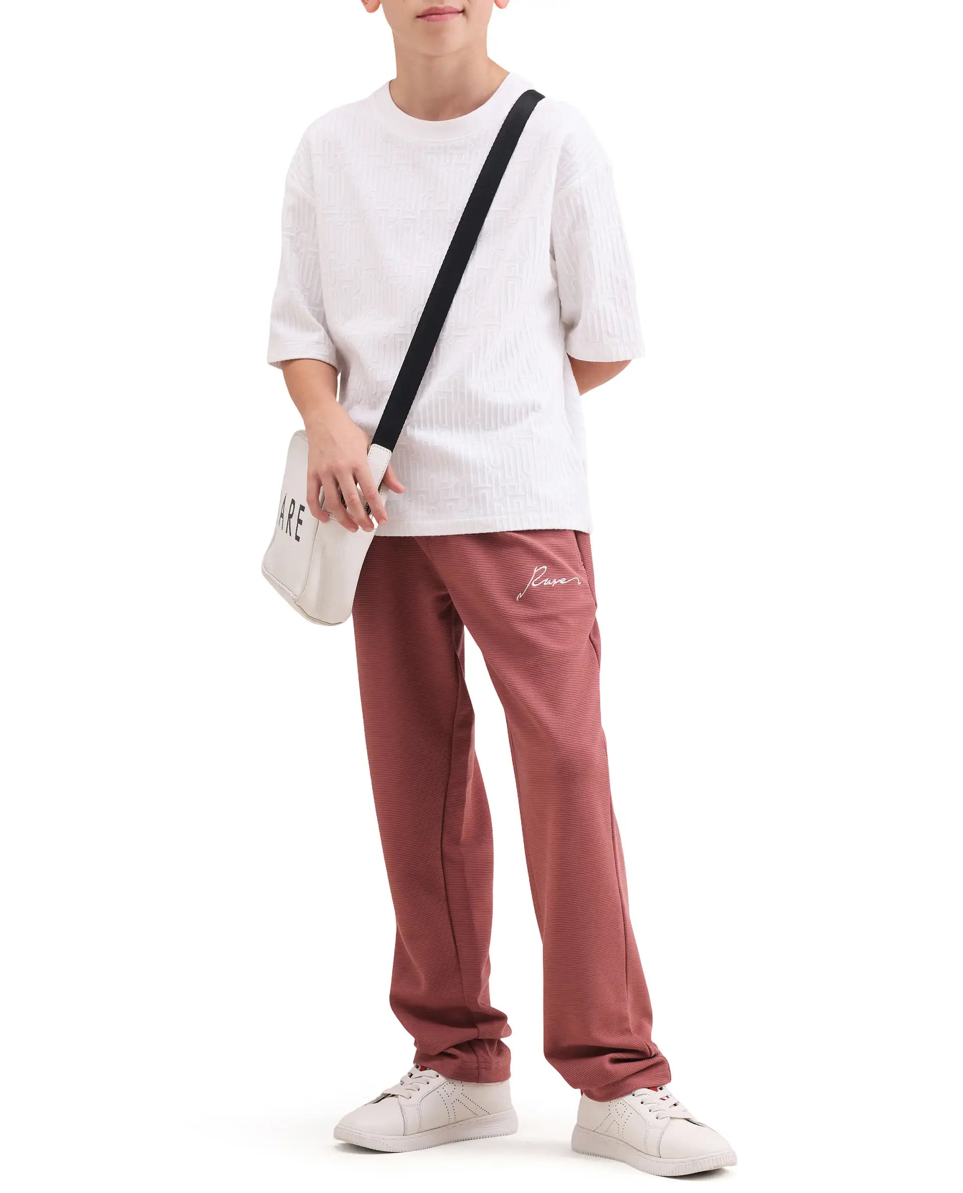 Rare Ones Kids Ned Dusky Red Cotton Blend Fabric Drawstring Closure Hd Print Straight Fit Track Pant