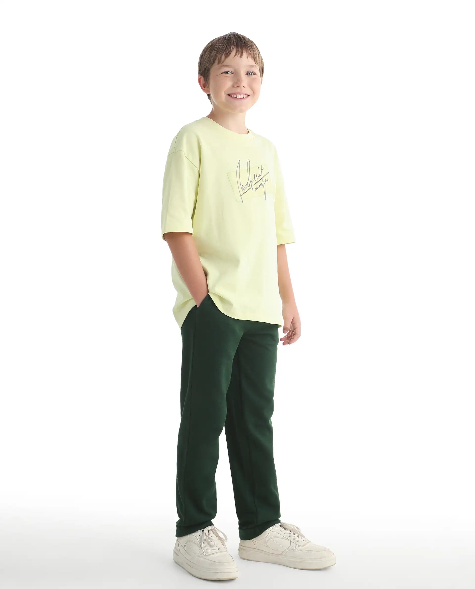 Rare Ones Kids Lofi Dark Green Cotton Fabric Button And Zipper Closure Straight Fit Trouser