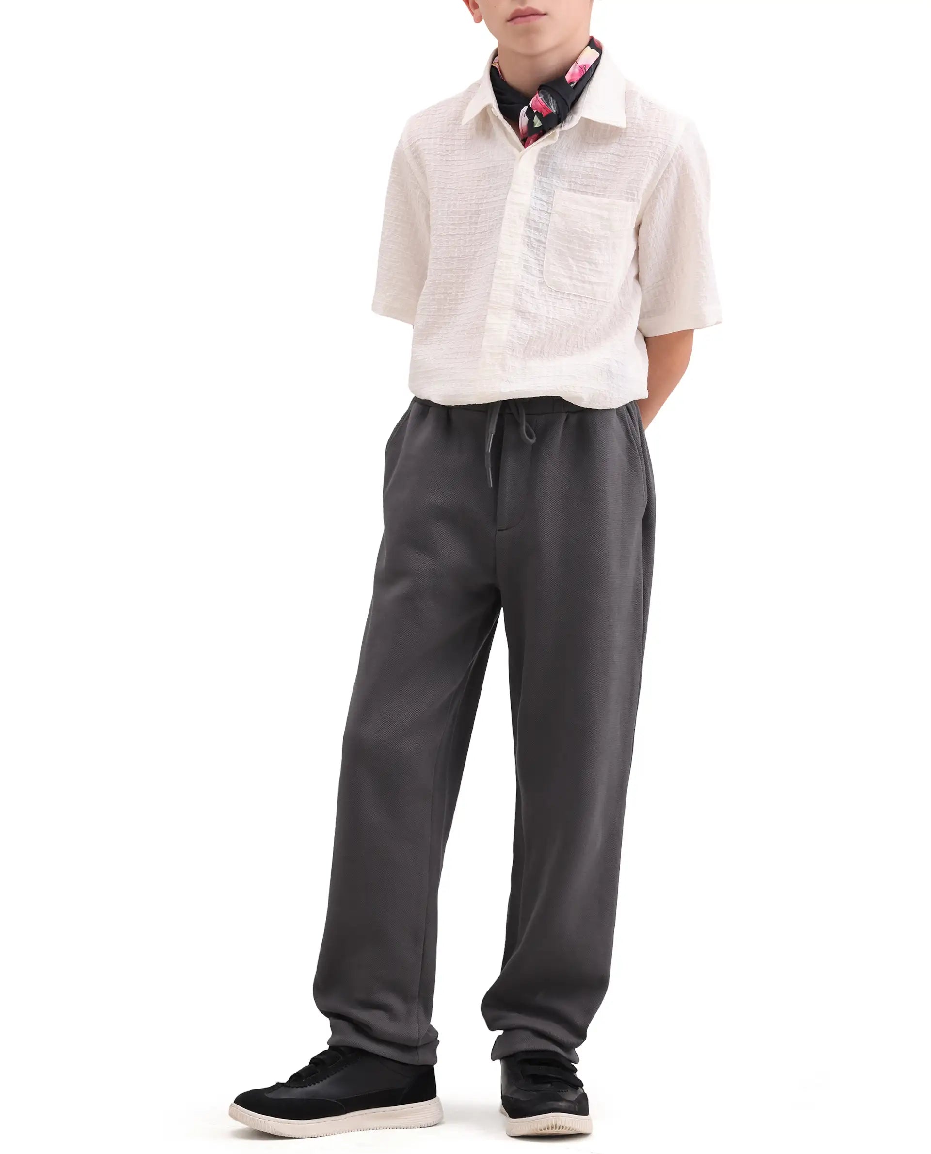 Rare Ones Kids Lofi Grey Cotton Fabric Button And Zipper Closure Straight Fit Trouser