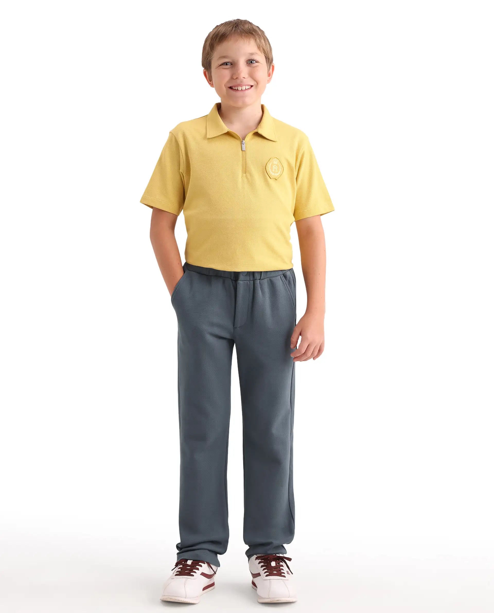 Rare Ones Kids Aura Dusky Blue Cotton Fabric Button And Zipper Closure Straight Fit Trouser