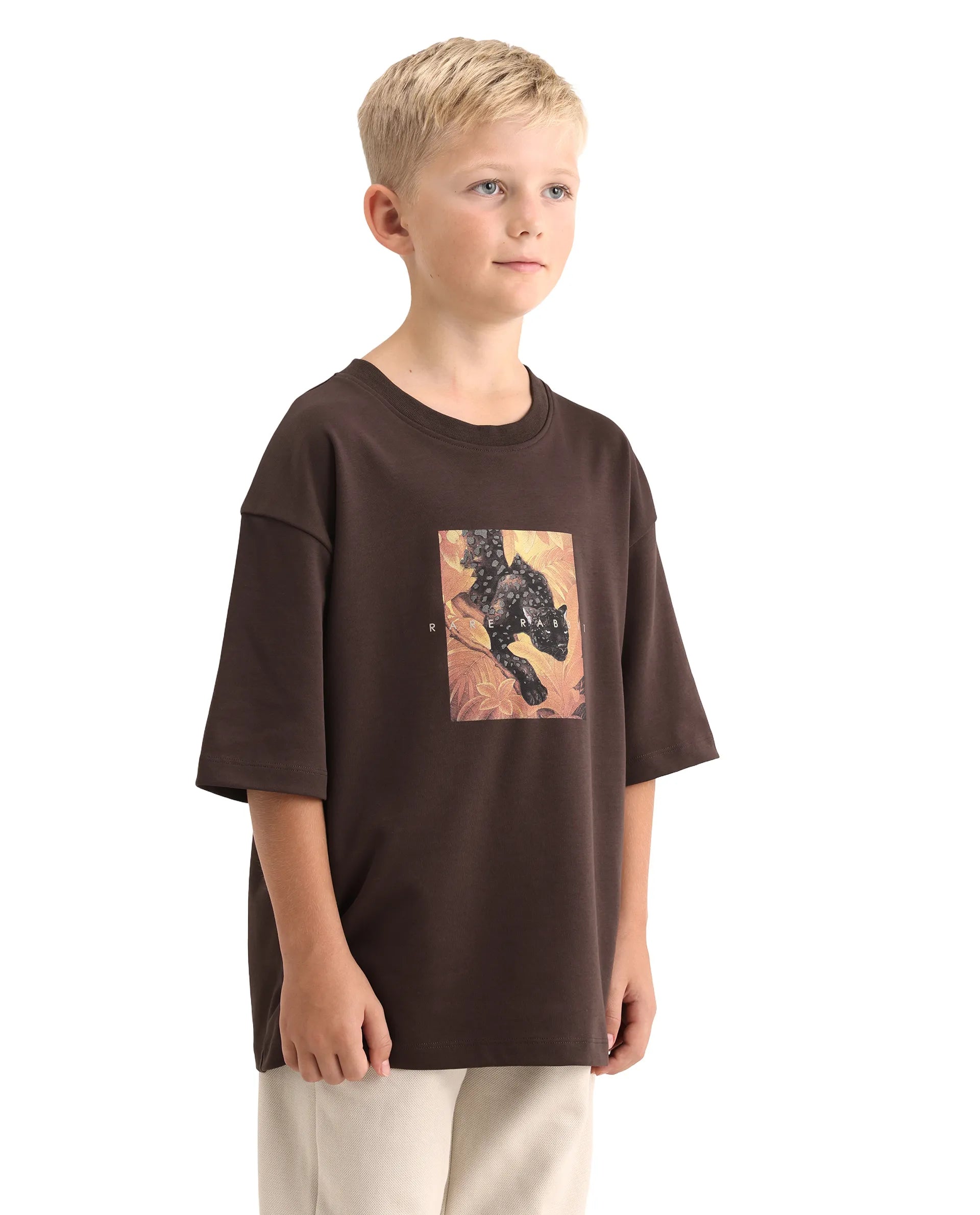Rare Ones Kids Kumo-K Dark Brown Cotton Blend Fabric Pull-On Closure Boxy Fit T-Shirt