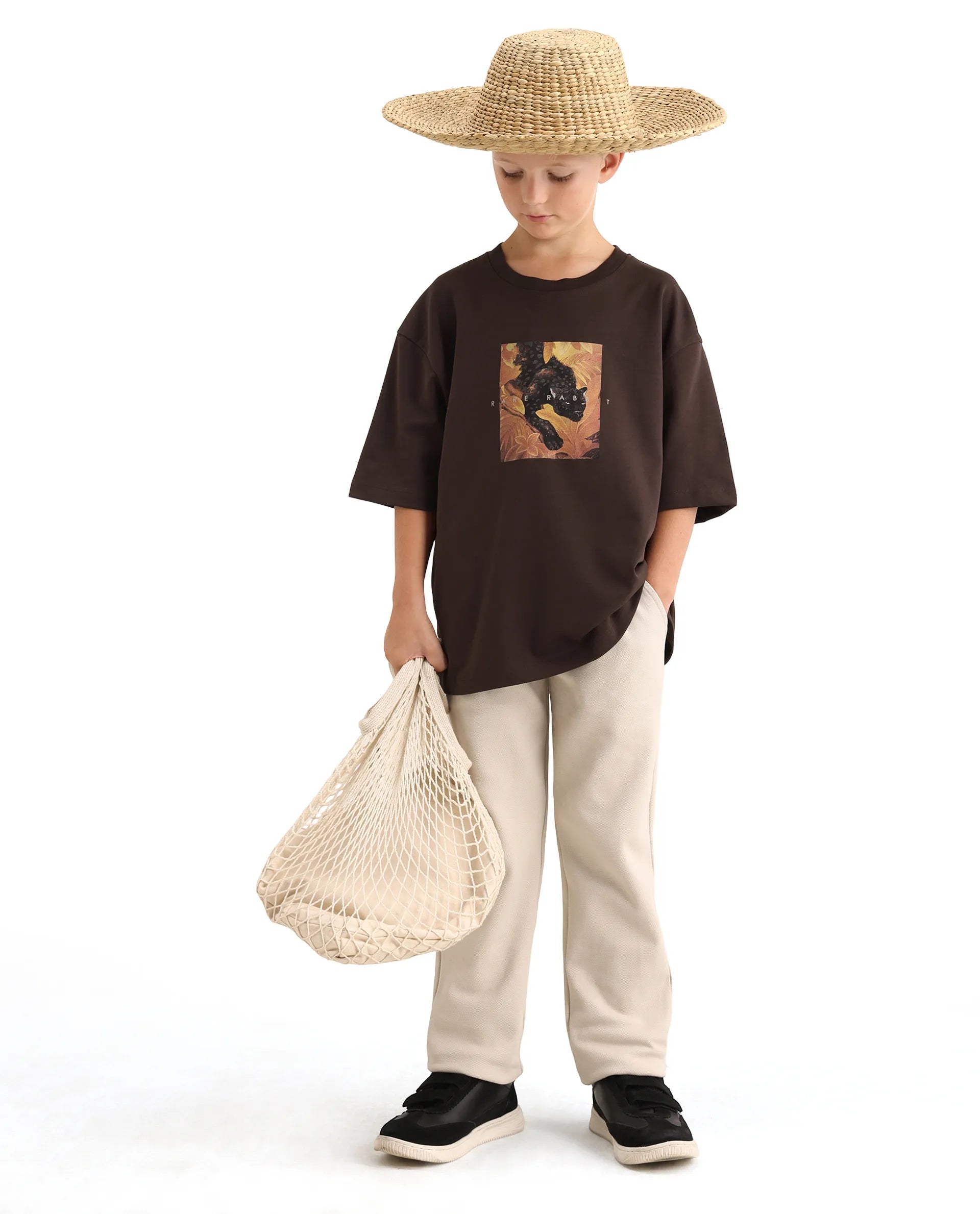 Rare Ones Kids Kumo-K Dark Brown Cotton Blend Fabric Pull-On Closure Boxy Fit T-Shirt