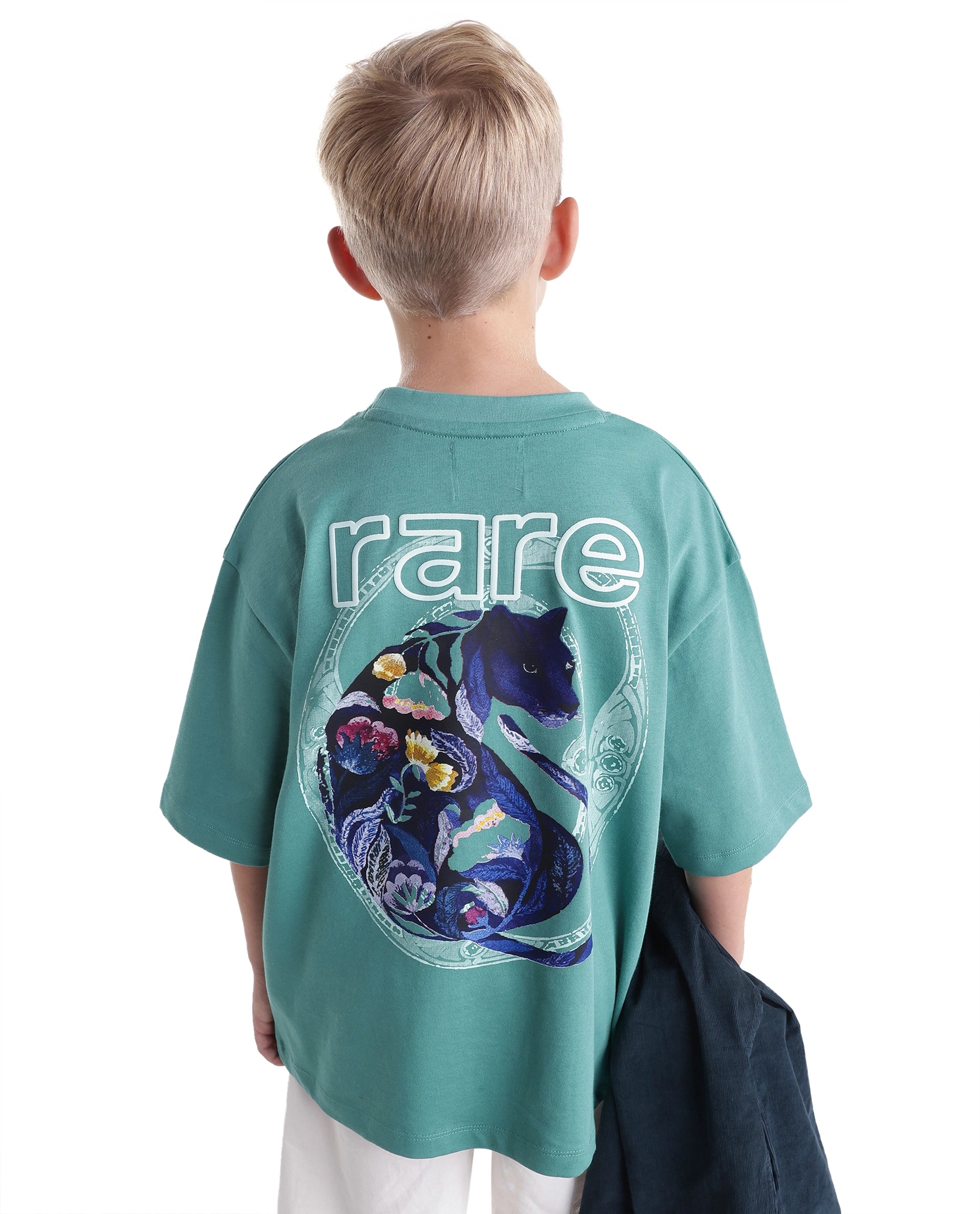 Rare Ones Kids Cato26-K Teal Cotton Fabric Pull-On Closure Oversized Fit T-Shirt
