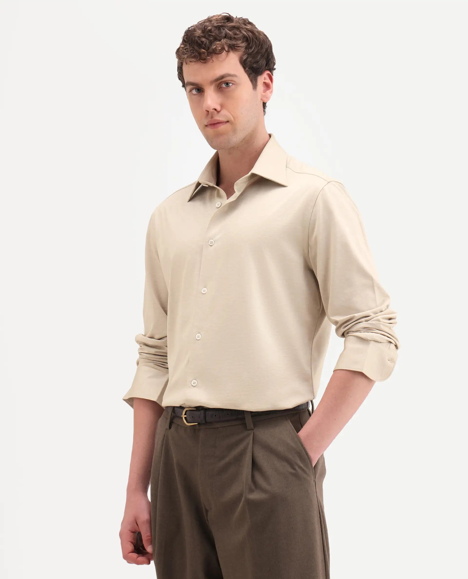 Rare Rabbit Men's Bogi Light Beige Cotton Blend Full Sleeve Spread Collar Regular Fit Plain Shirt