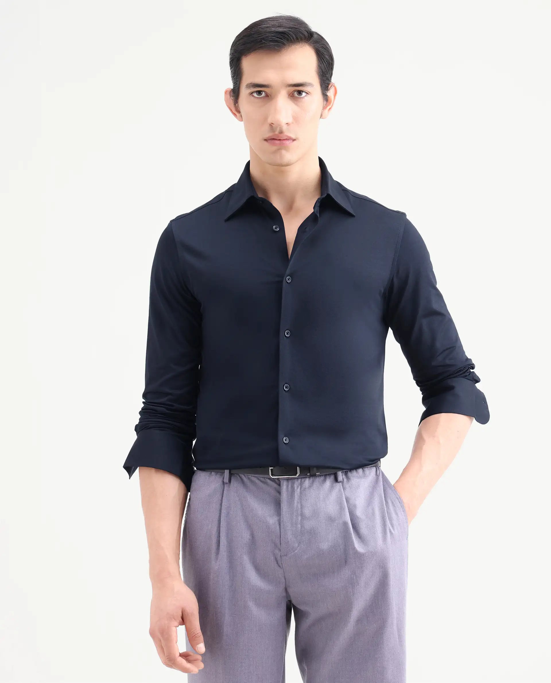Rare Rabbit Men's Bogi Navy Cotton Blend Full Sleeve Spread Collar Regular Fit Plain Shirt