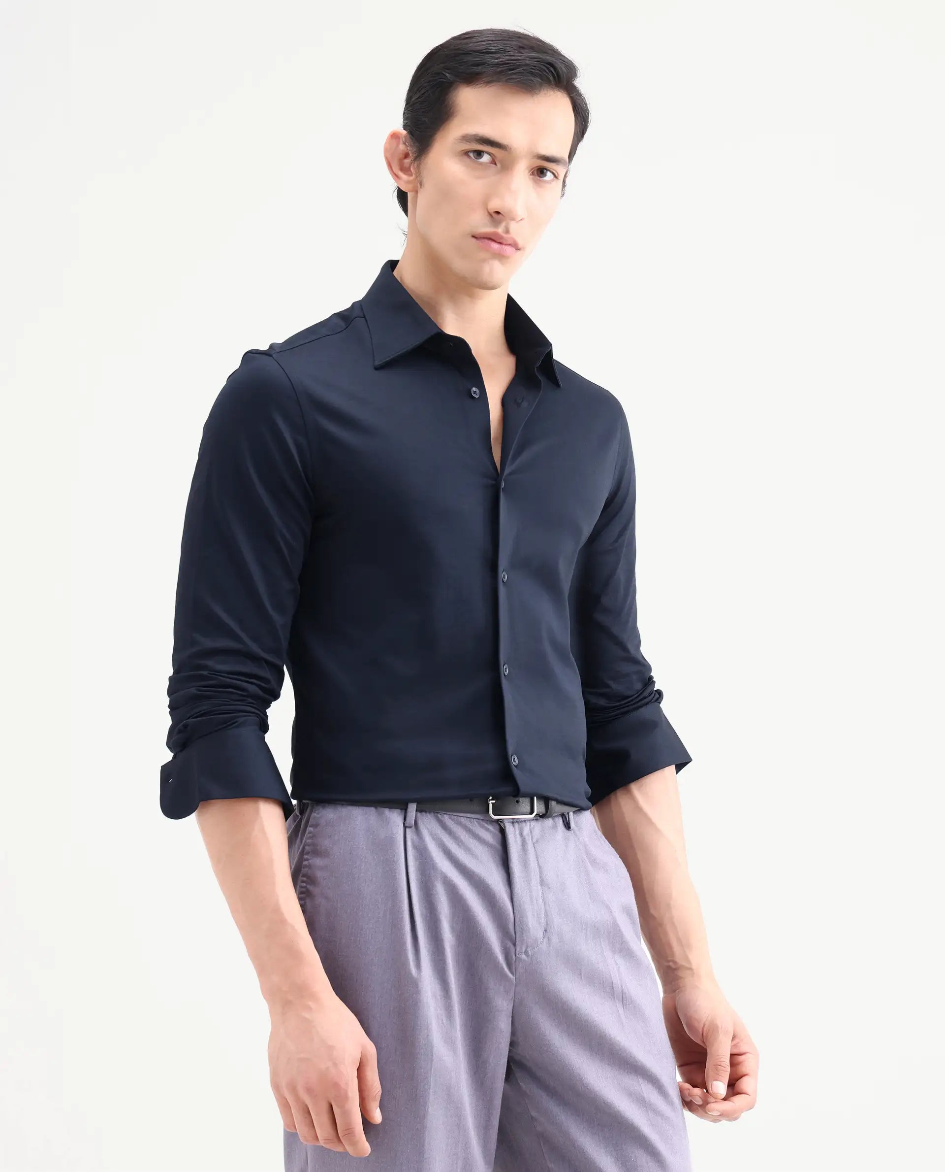 Rare Rabbit Men's Bogi Navy Cotton Blend Full Sleeve Spread Collar Regular Fit Plain Shirt