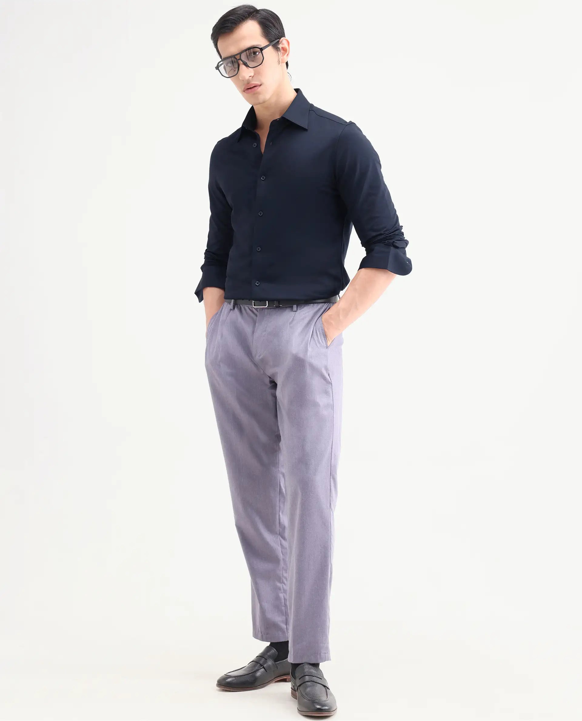 Rare Rabbit Men's Bogi Navy Cotton Blend Full Sleeve Spread Collar Regular Fit Plain Shirt