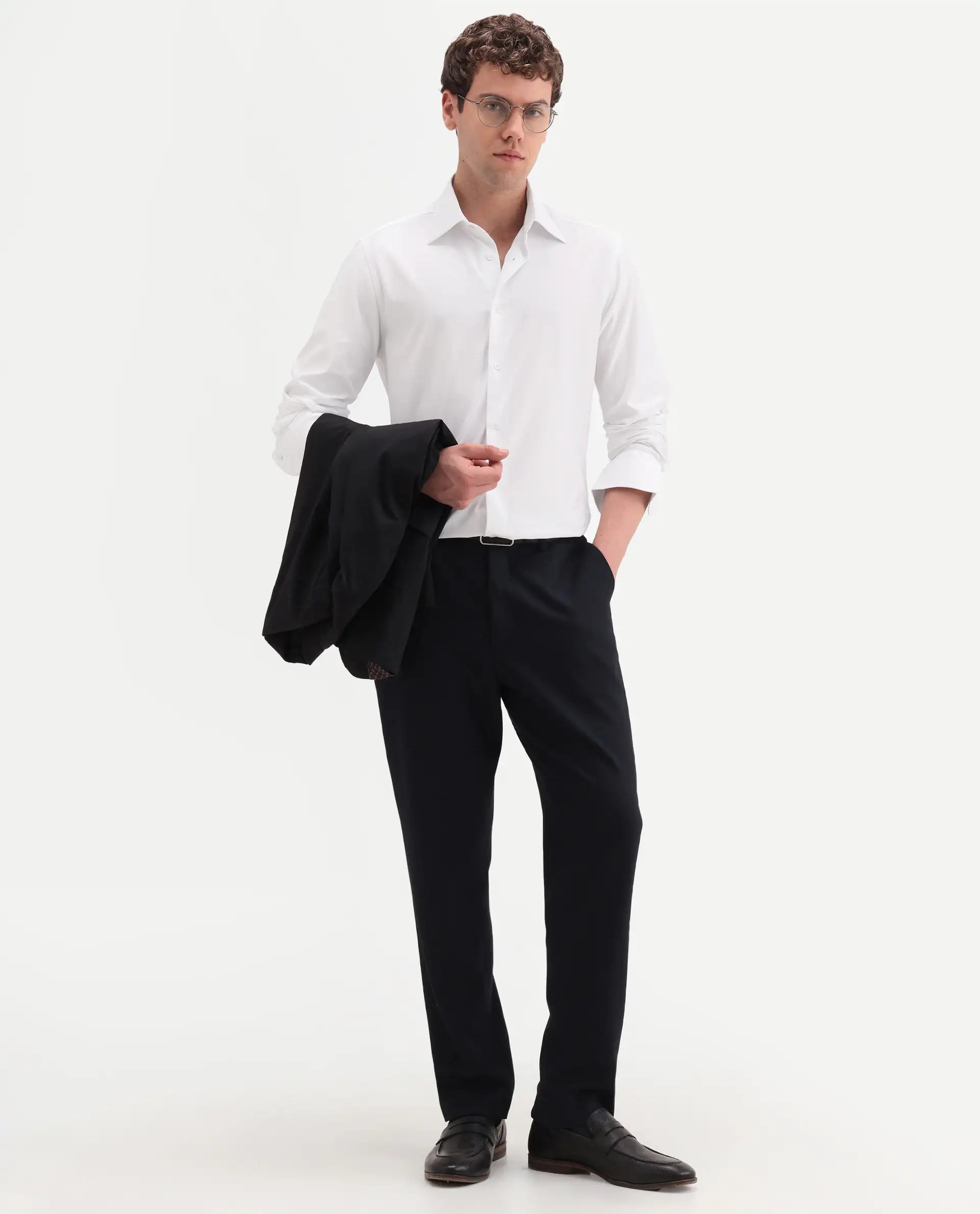 Rare Rabbit Men's Bogi White Cotton Blend Full Sleeve Spread Collar Regular Fit Plain Shirt