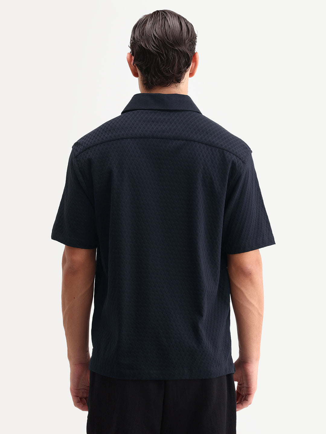 Rare Rabbit Men's Borp-26 Navy Cotton Fabric Half Sleeve Spread Collar Regular Fit Jacquard Shirt